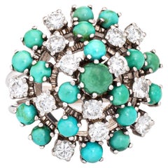 Turquoise 1ct Diamond Cluster Ring Vintage 18k White Gold Round Cocktail Estate