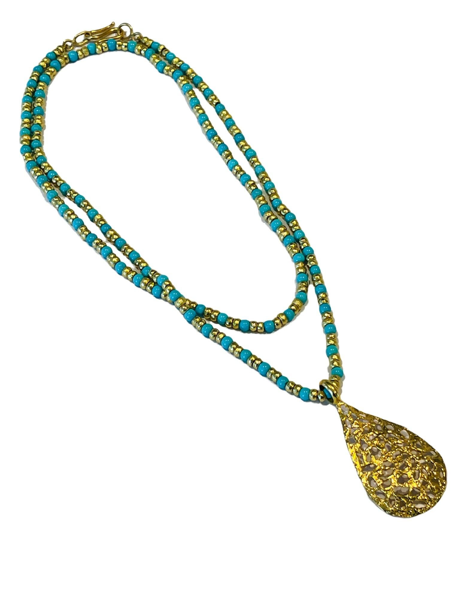 Turquoise & 22k Gold Beaded Necklace by Tagili Designs In New Condition In New York, NY