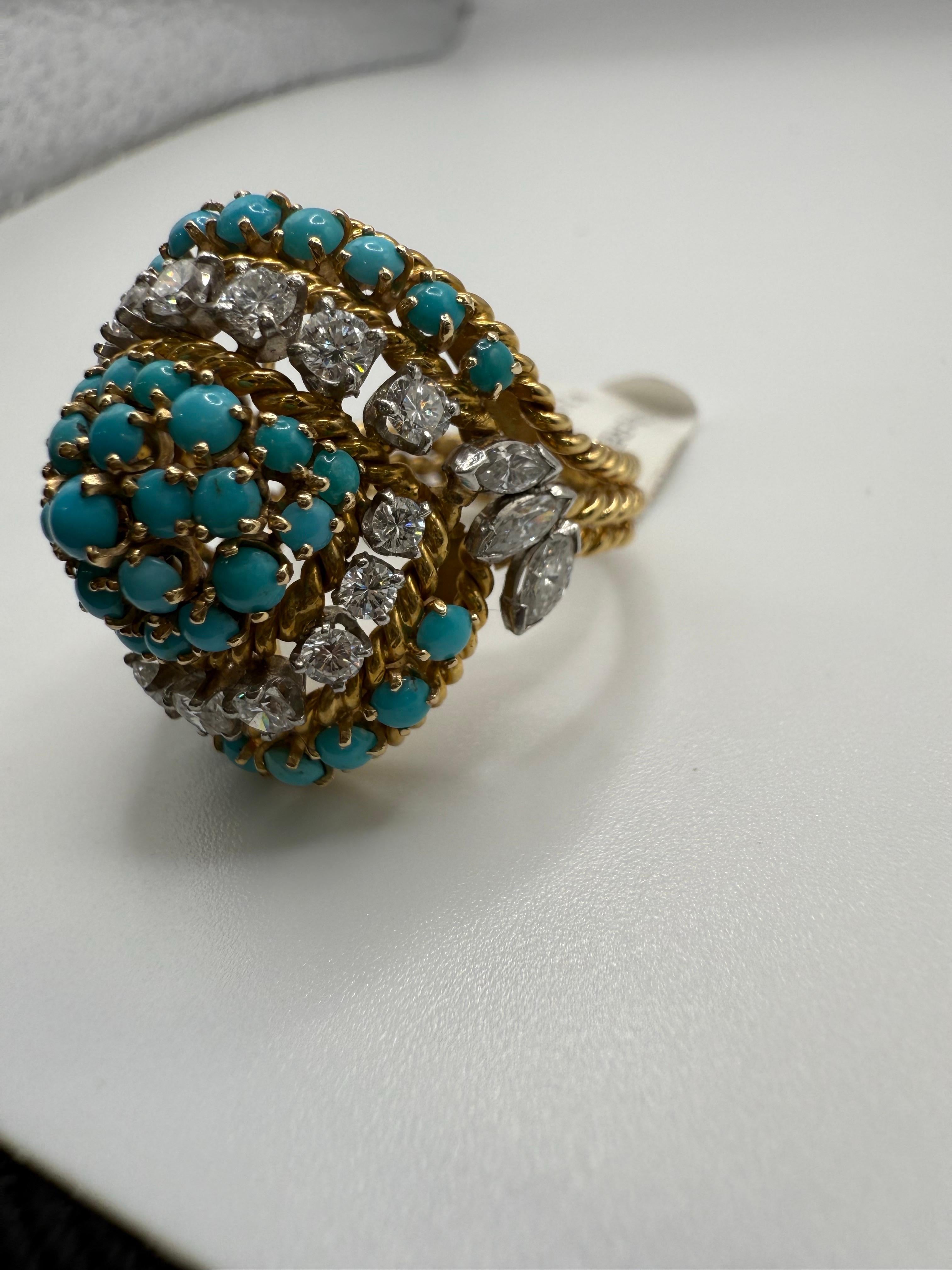 Türkis & 2ct Diamant Cocktail Ring 18KT Gold (Brillantschliff) im Angebot