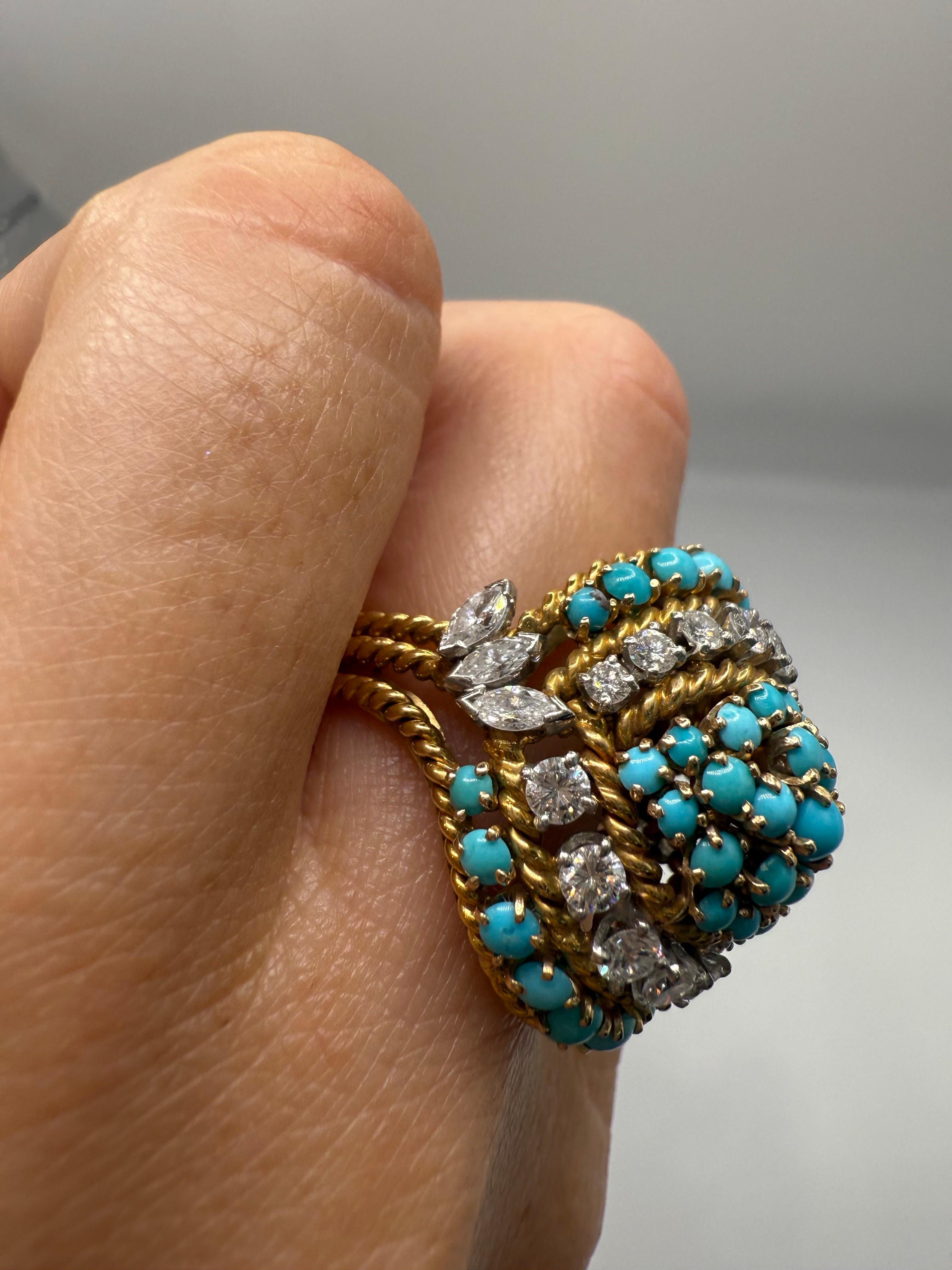 Türkis & 2ct Diamant Cocktail Ring 18KT Gold für Damen oder Herren im Angebot