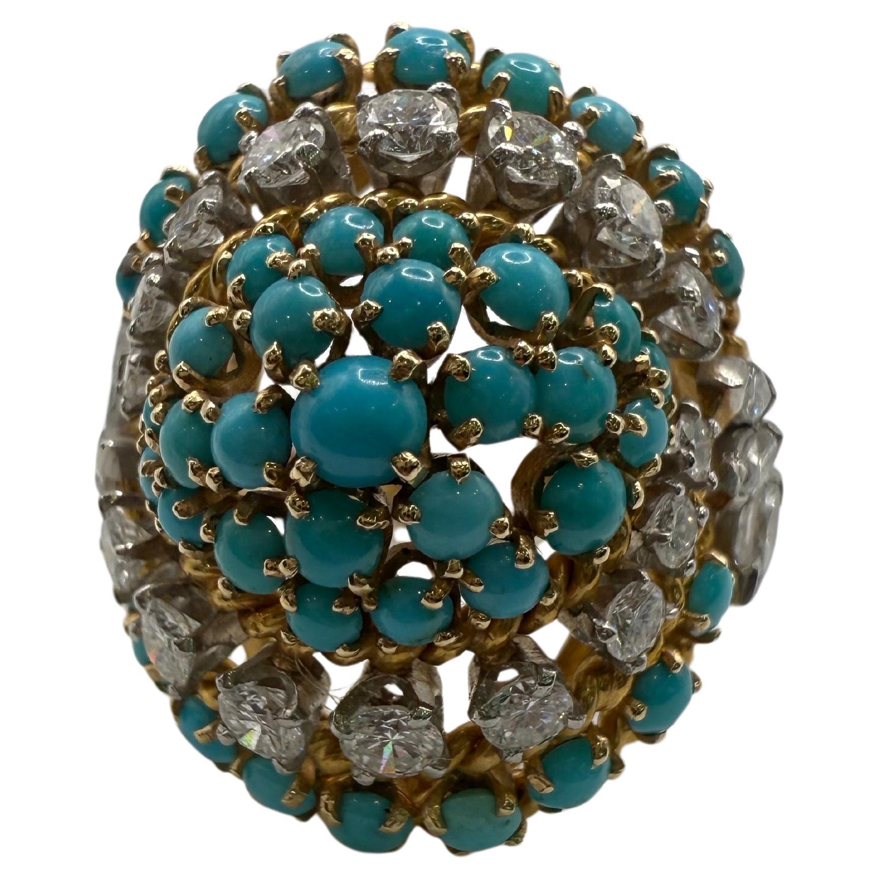 Bague cocktail turquoise et diamant 2ct or 18KT