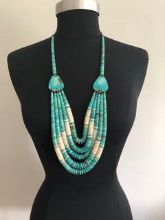 Turquoise 5 Strand Heishi Sterling Silver Clam Shell Necklace Native American