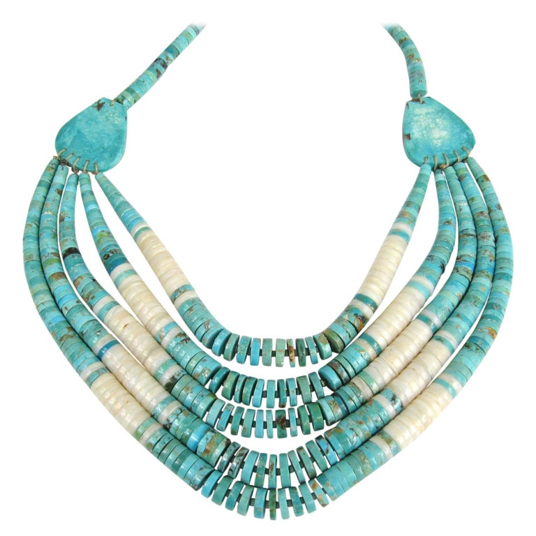 Turquoise Strand Heishi Sterling Silver Clam Shell Necklace