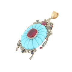 Turquoise 9 Karat Yellow Gold Diamonds Sapphires Rubies Pendant