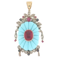 Turquoise 9 Karat Yellow Gold Diamonds Sapphires Rubies Pendant Necklace