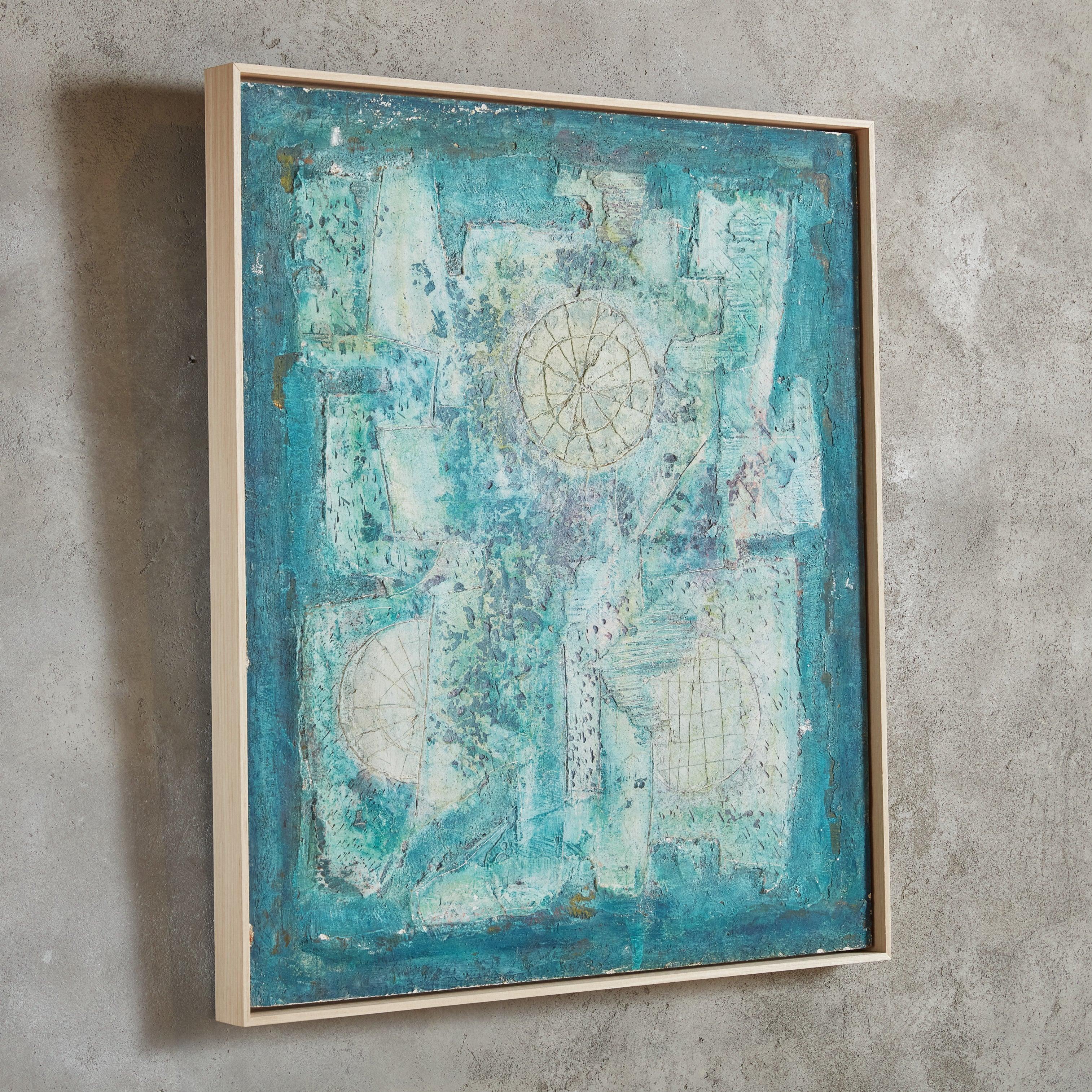 Peinture acrylique sur bois de l'artiste italien Alessandro Bonato, années 1970. Cette peinture richement texturée présente des teintes de turquoise, de blanc cassé et d'aqua doux dans un motif géométrique abstrait. Non signée. Présenté tel que