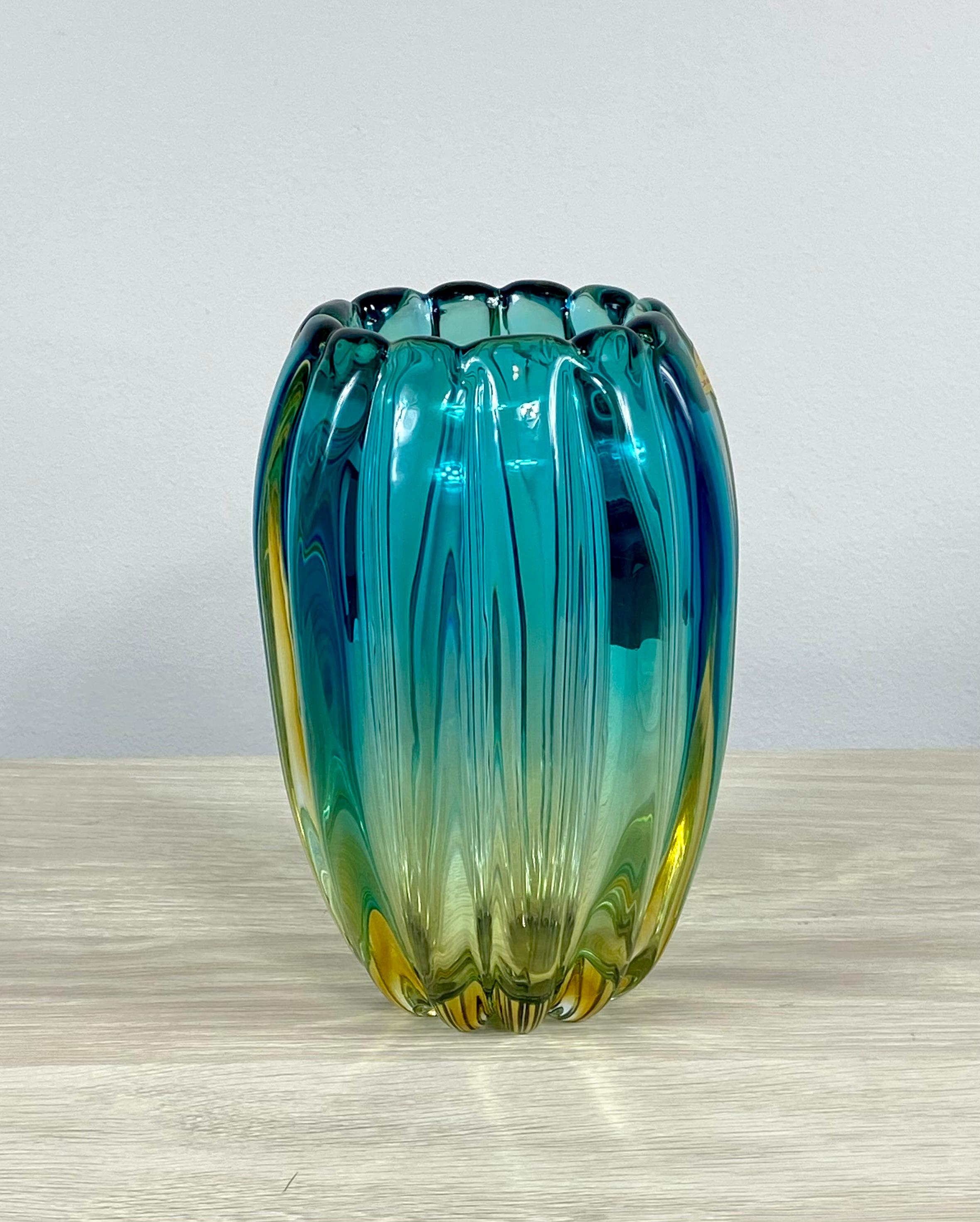 Italian Turquoise Alfredo Barbini Murano Vase For Sale