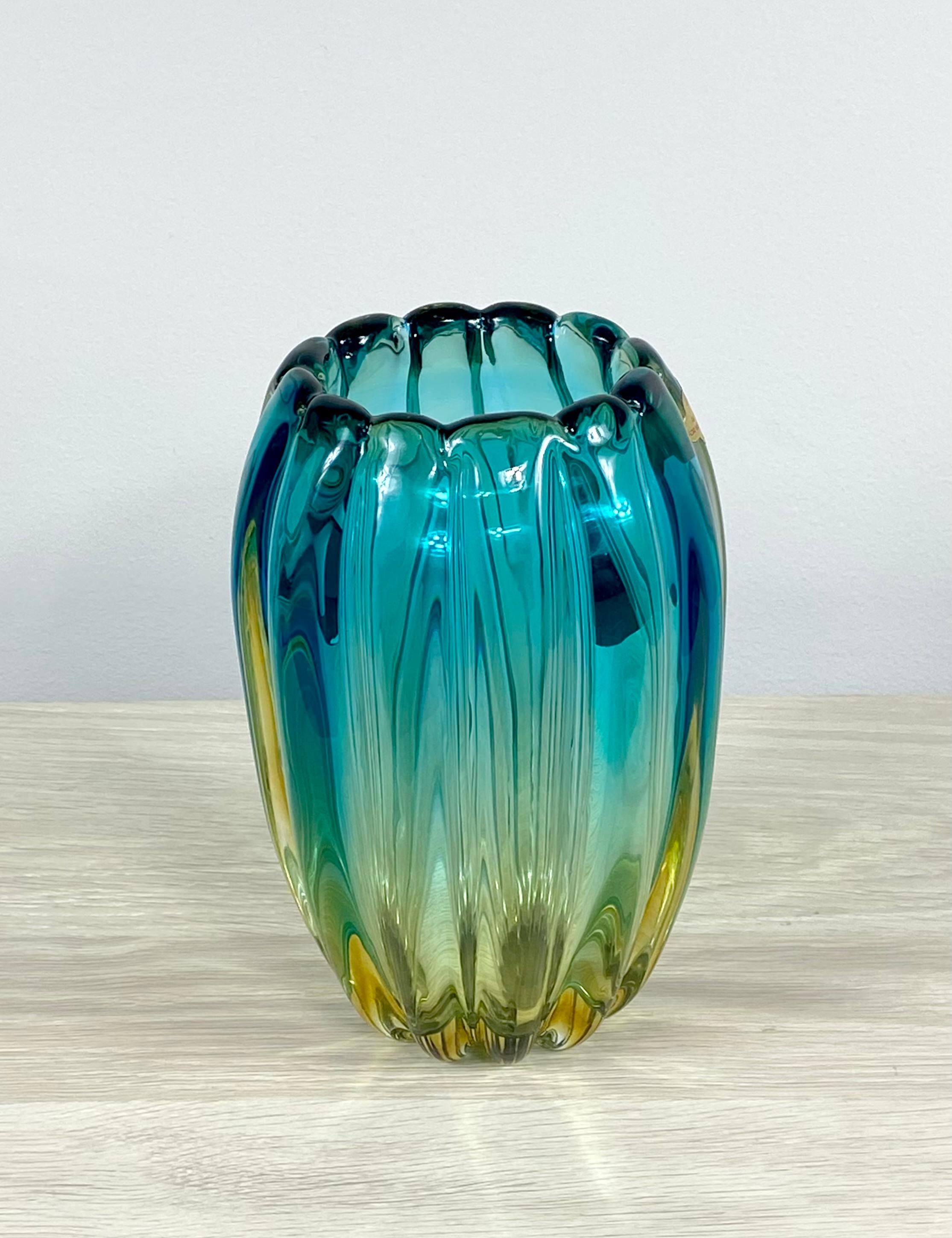 Hand-Crafted Turquoise Alfredo Barbini Murano Vase For Sale