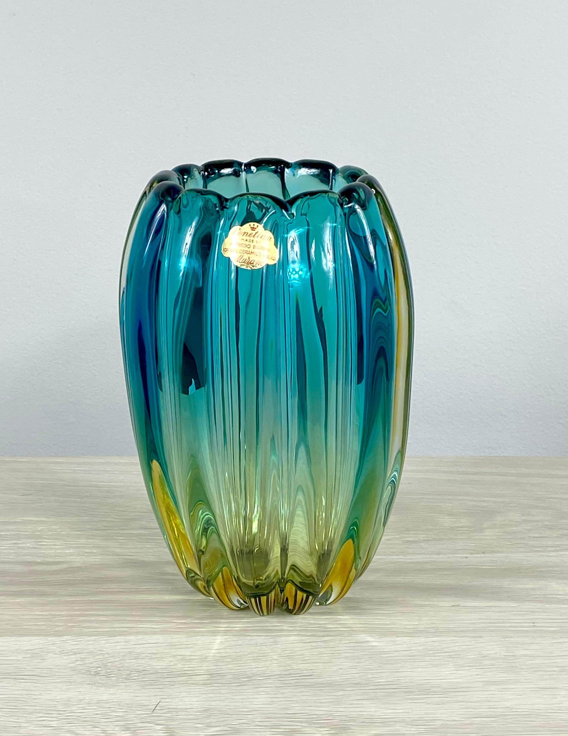 Murano Glass Turquoise Alfredo Barbini Murano Vase For Sale