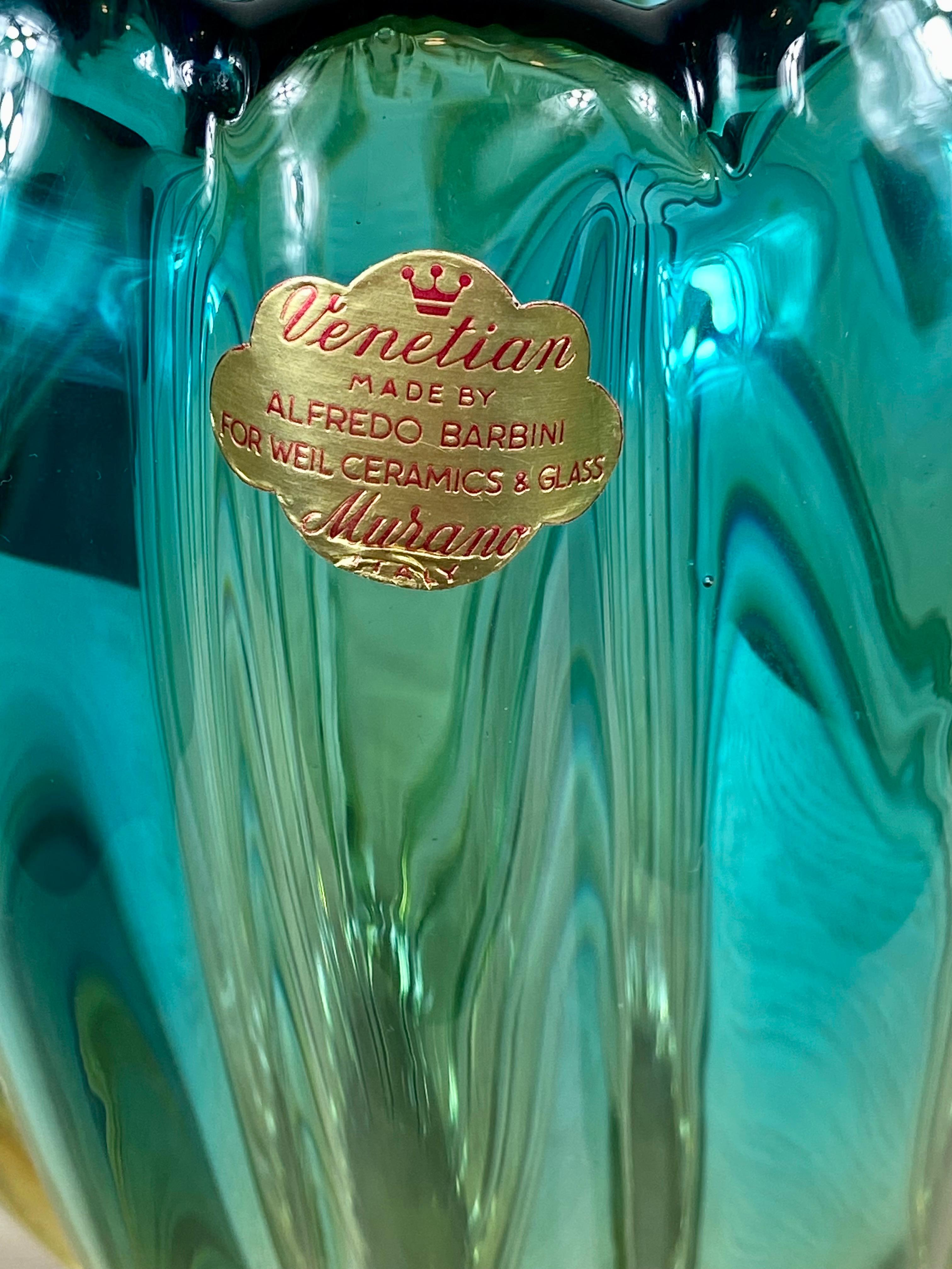 Turquoise Alfredo Barbini Murano Vase For Sale 1