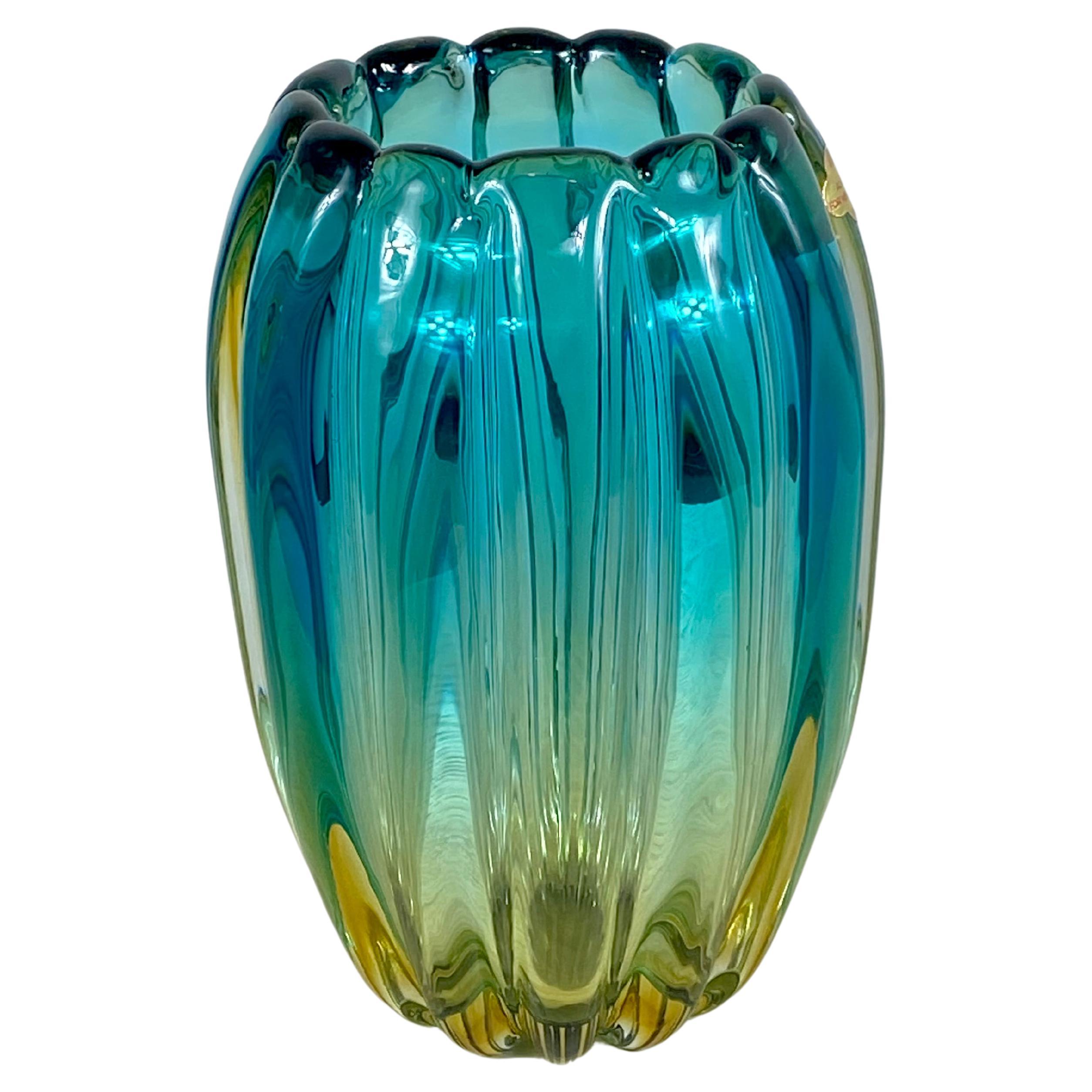Vase Murano Alfredo Barbini turquoise en vente