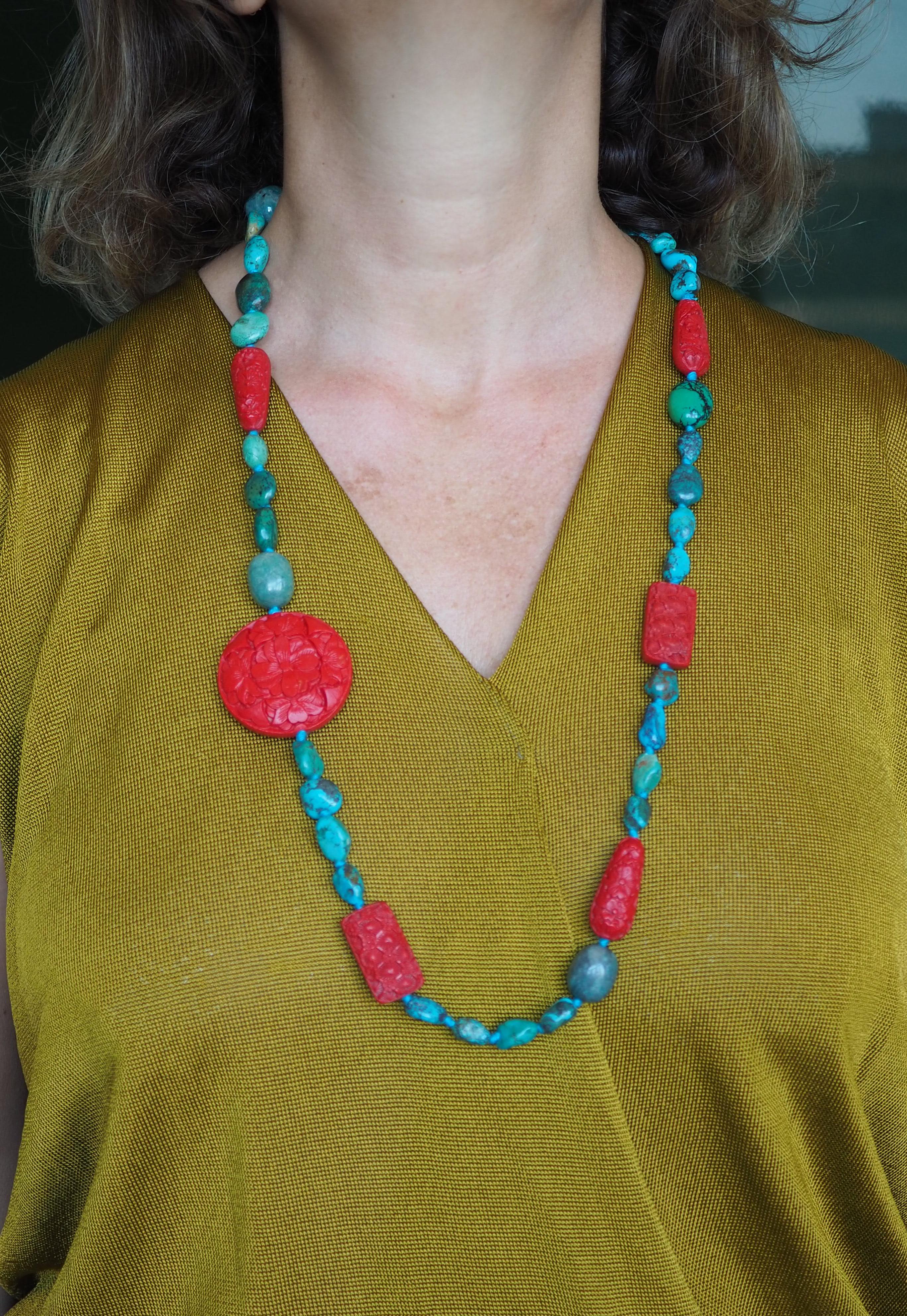 Artist Turquoise Amazonite Lacquer Long Necklace For Sale