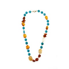 Turquoise Amber Citrine Coral Long Vermeille Necklace