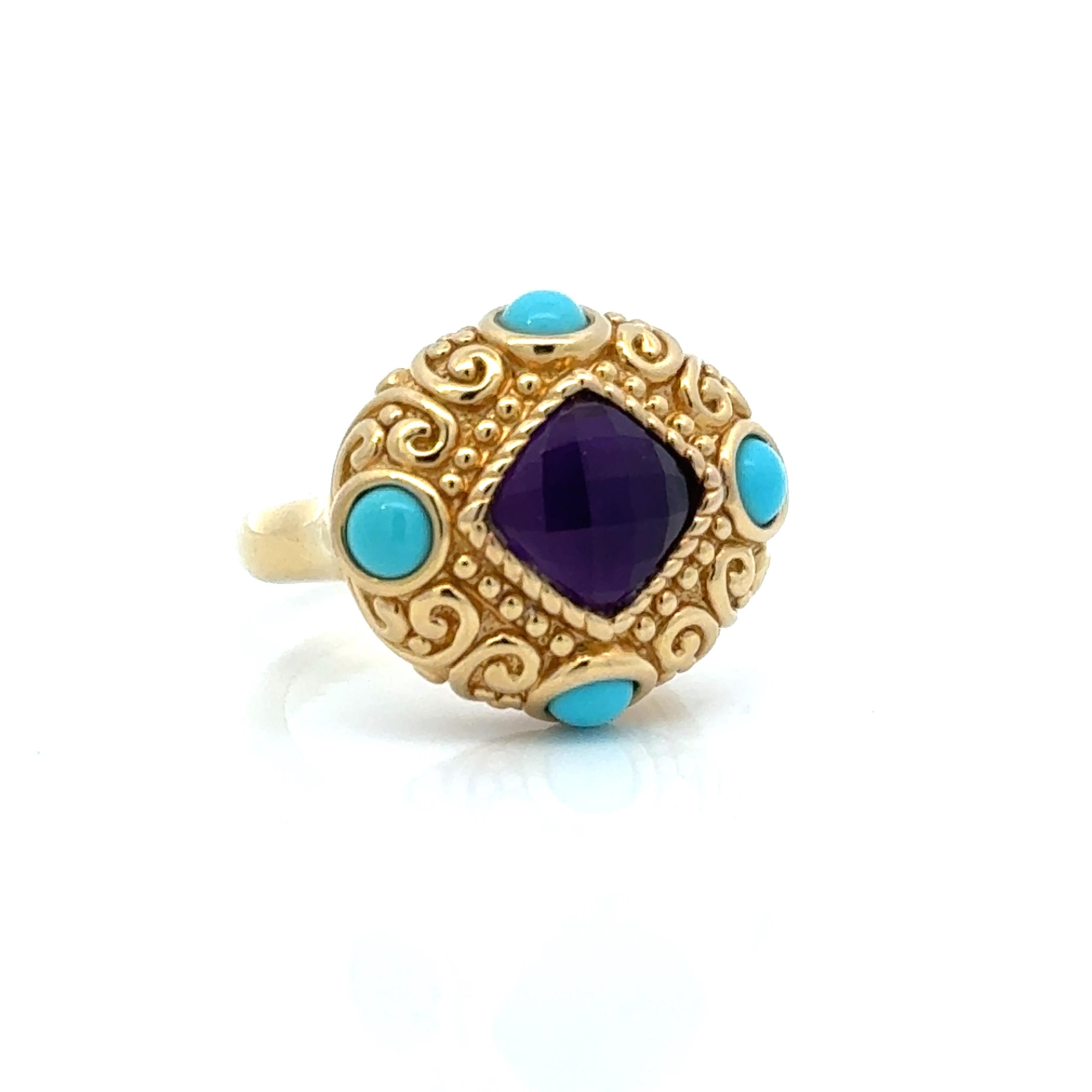 Discover the timeless elegance of our estate Turquoise, Amethyst and 14K Yellow Gold Ring. This bold and stylish piece features genuine turquoise and amethyst stones set in luxurious 14K yellow gold. With its eye-catching design, this ring is sure