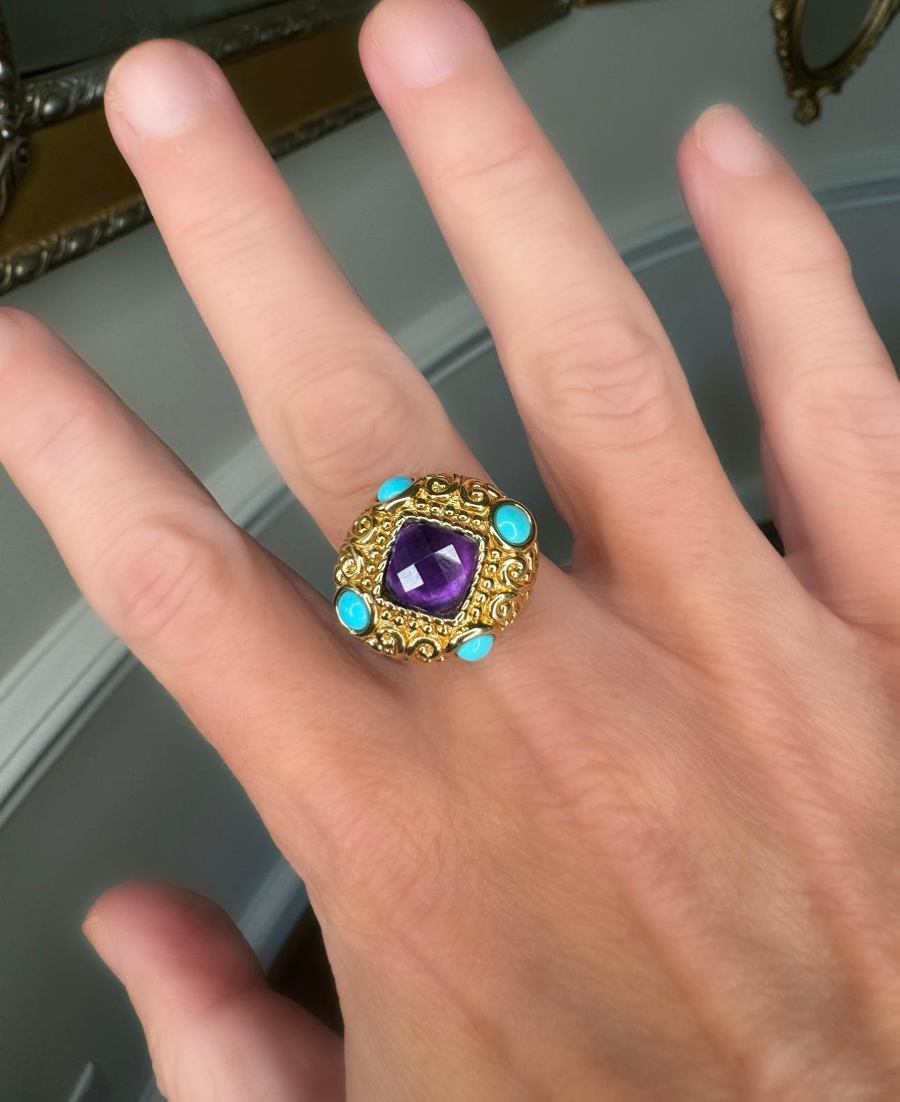 Modern Turquoise, Amethyst and 14K Yellow Gold Ring