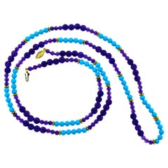Turquoise, Amethyst, and Gold Long Necklace