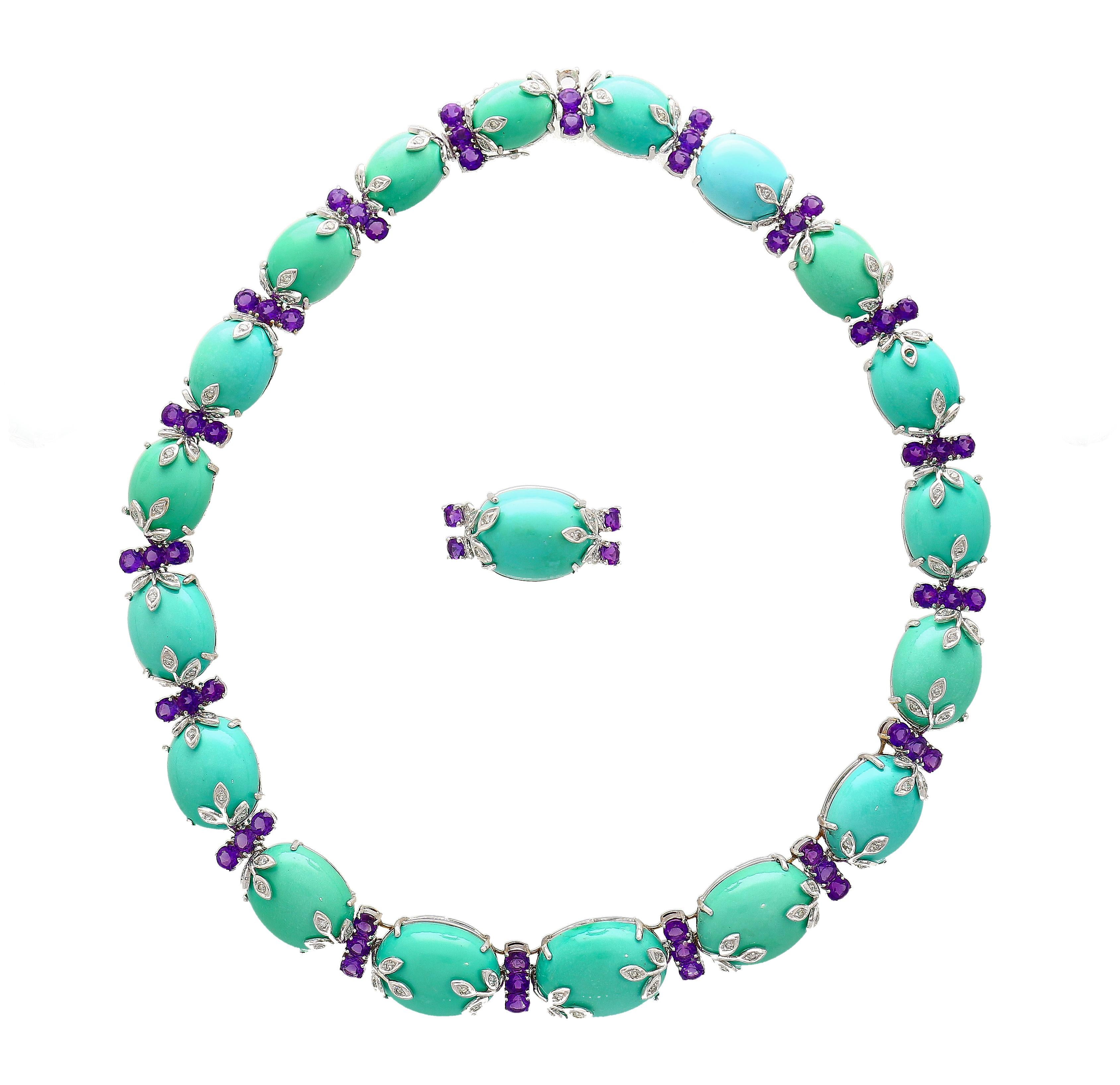 Round Cut Turquoise, Amethyst, Diamond Jewelry Set  Bracelet, Ring, Earring Jewelry Set  For Sale