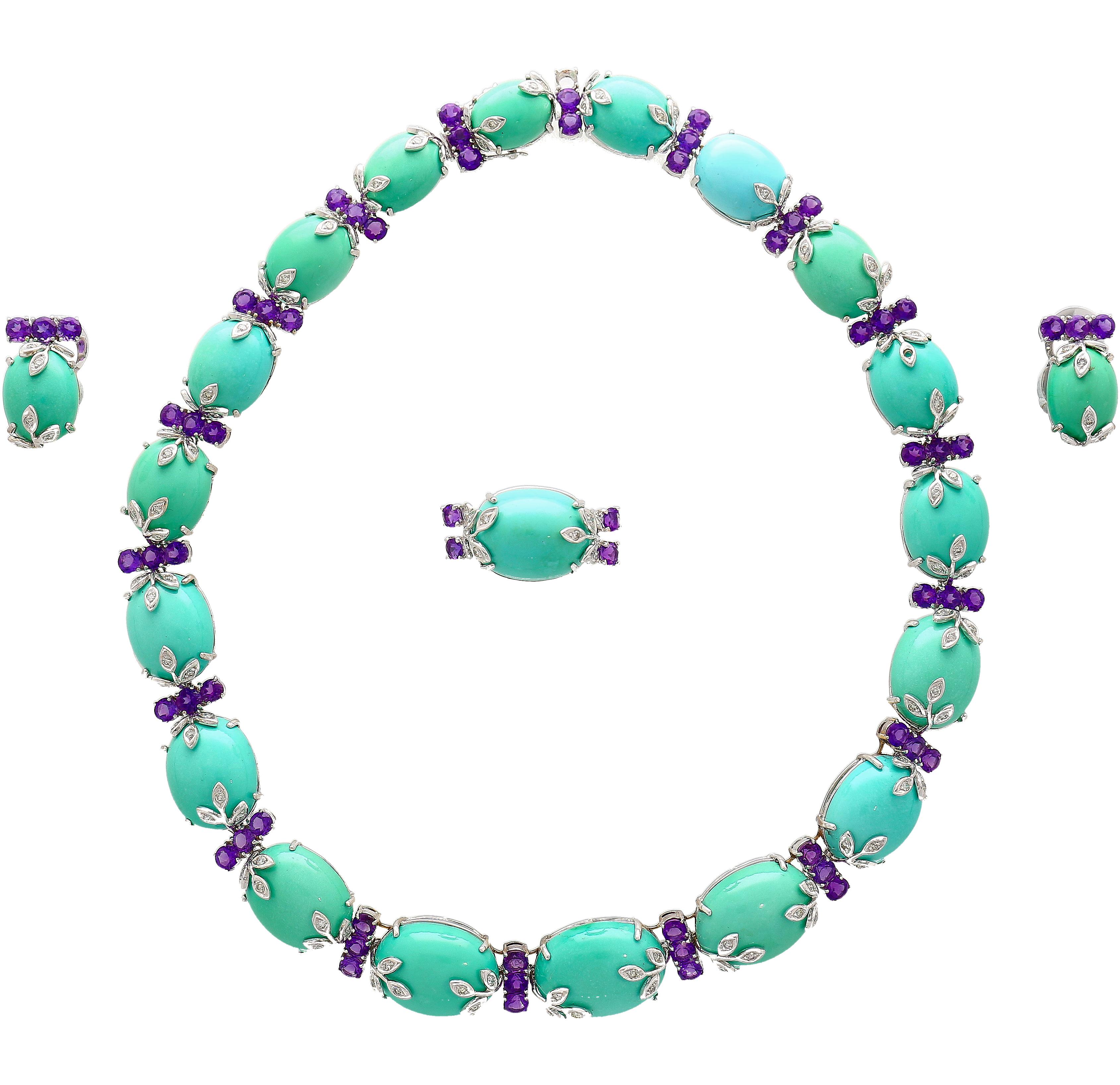 Turquoise, Amethyst, Diamond Jewelry Set  Bracelet, Ring, Earring Jewelry Set  For Sale