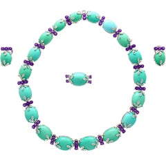 Ensemble de bijoux turquoise, améthyste et diamants  Parure de bracelet, bague et boucles d'oreilles 