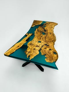 Turquoise Ancient Olive Epoxy Resin Dining Live Edge Table