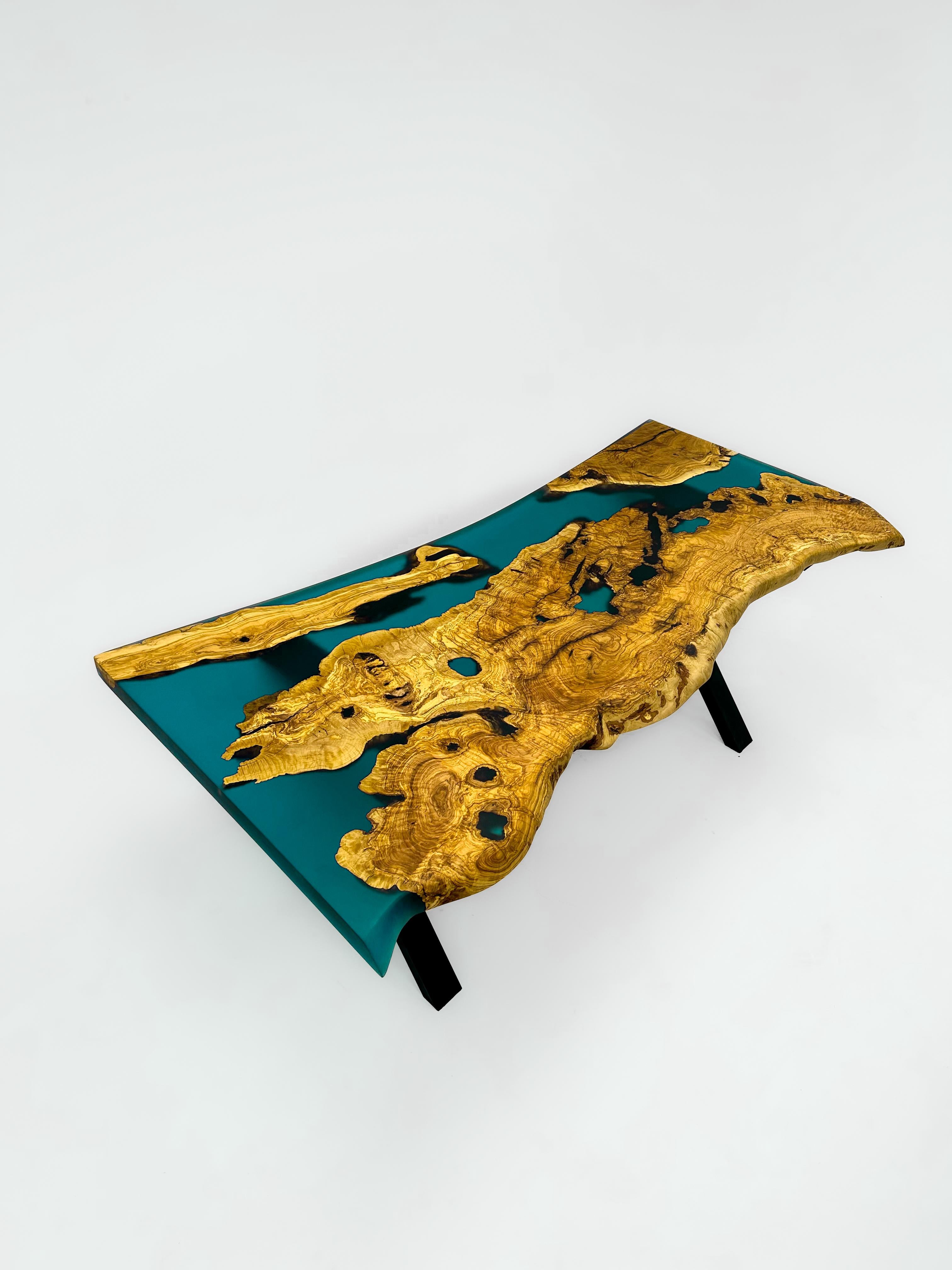 Turkish Turquoise Ancient Olive Epoxy Resin Dining Live Edge Table For Sale