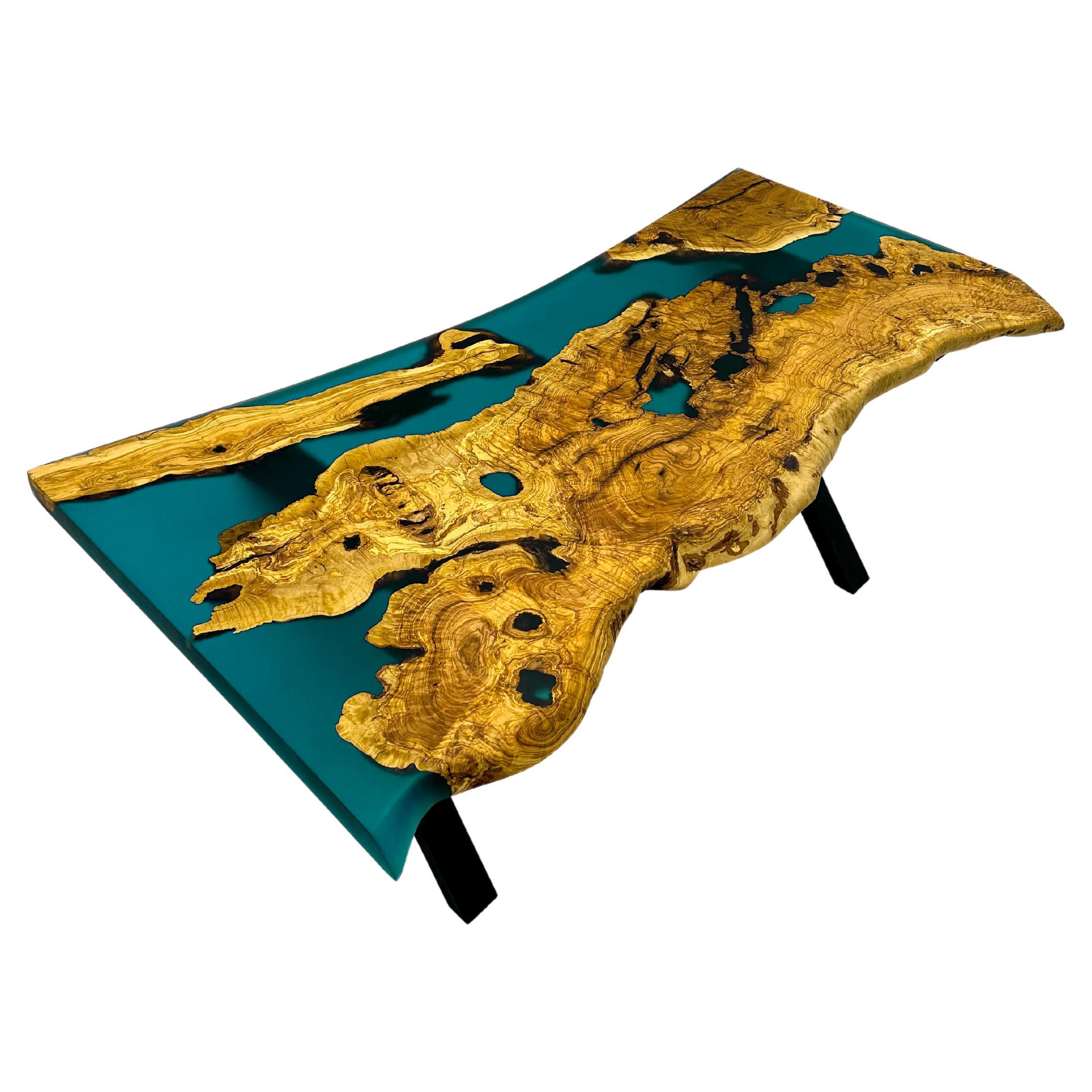 Turquoise Ancient Olive Epoxy Resin Dining Live Edge Table For Sale