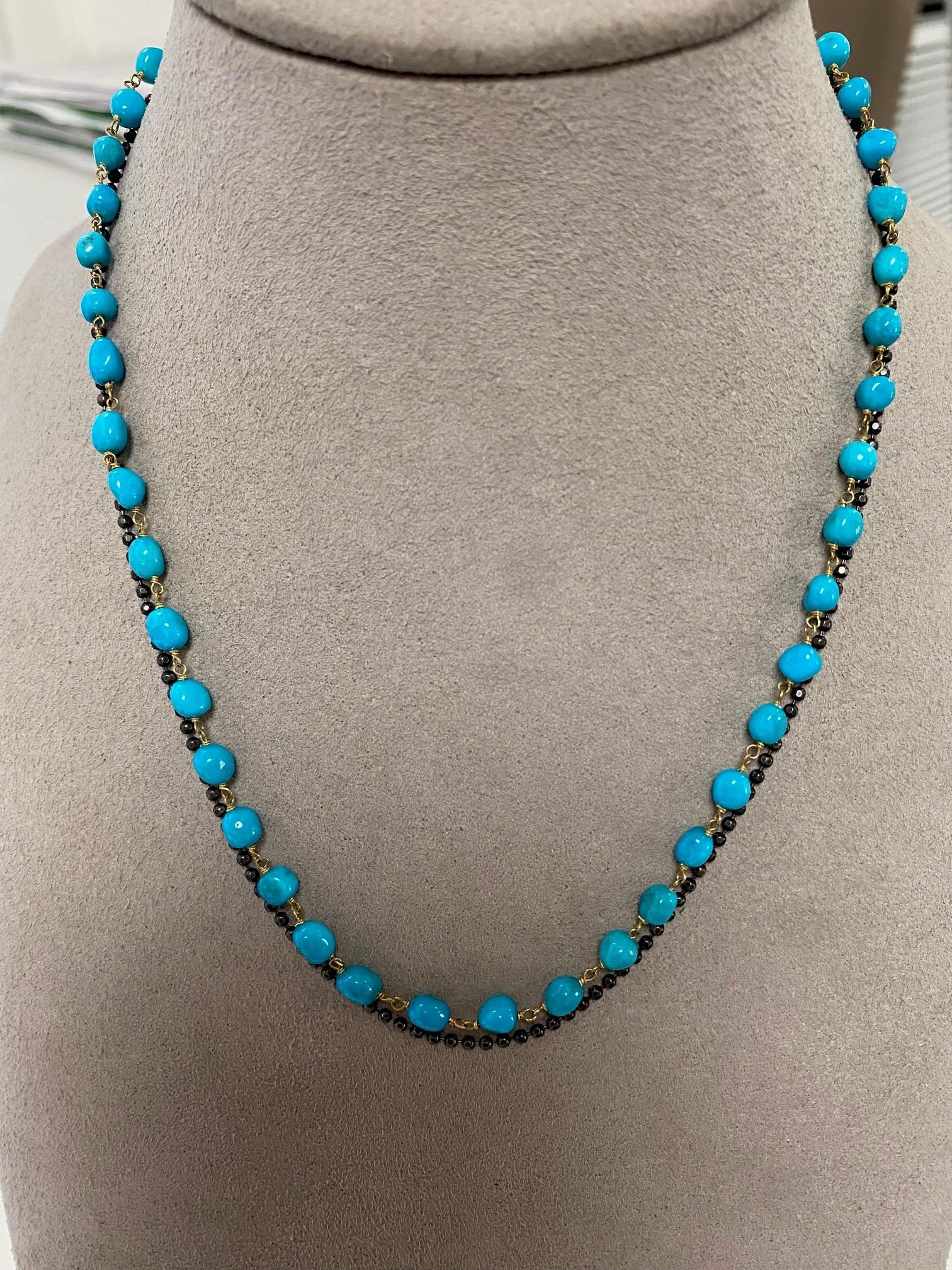 Layered 18 Inch Turquoise Cabochon Beads and Blackened Sterling silver chain Necklace. This is a Multi-strand necklaces featuring vivid tumbled beads wrapped in 14K Yellow gold. Great Layering piece for everyday. Wear with a favorite pair of