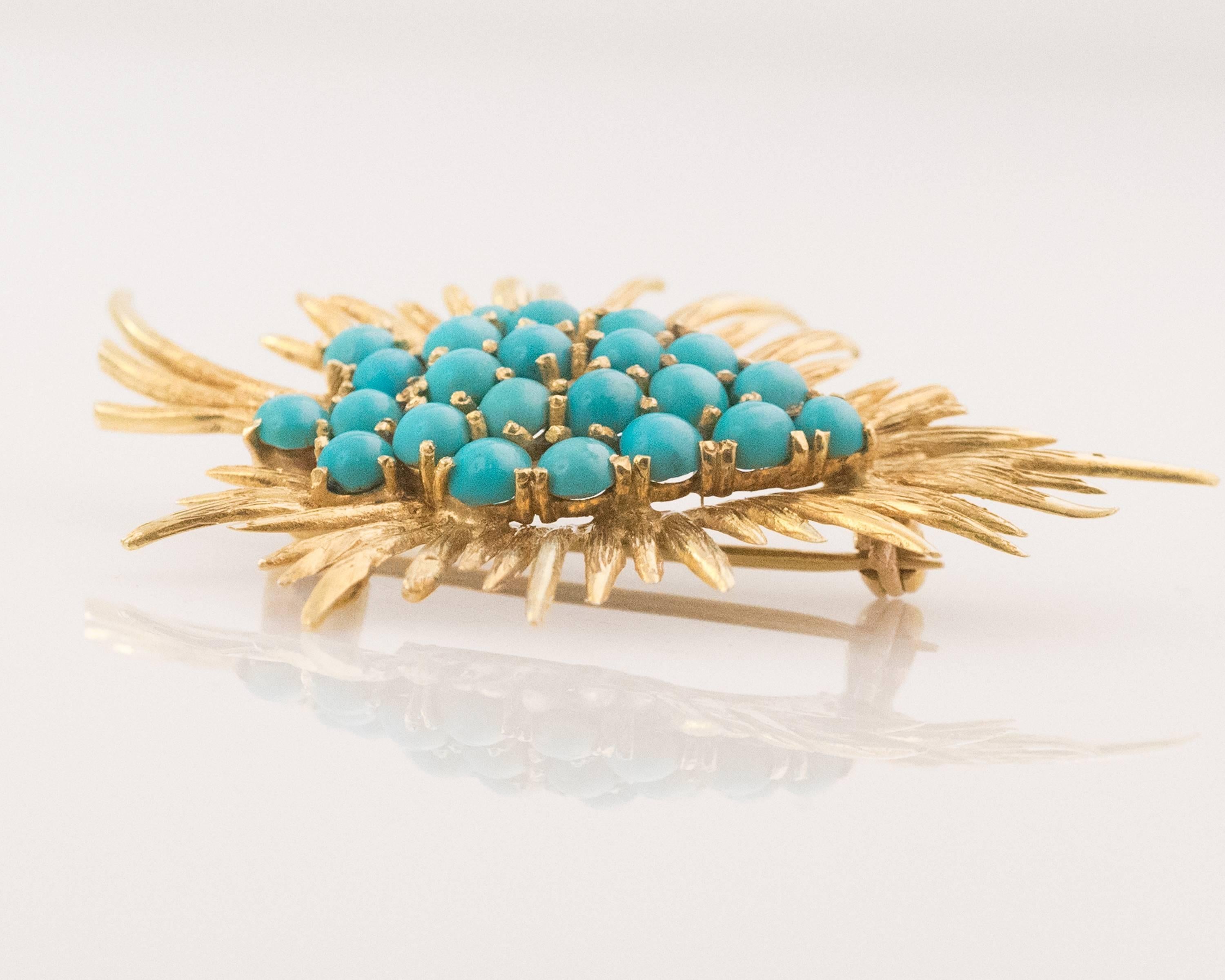 Turquoise and 18 Karat Gold Abstract Leaf Brooch For Sale at 1stDibs