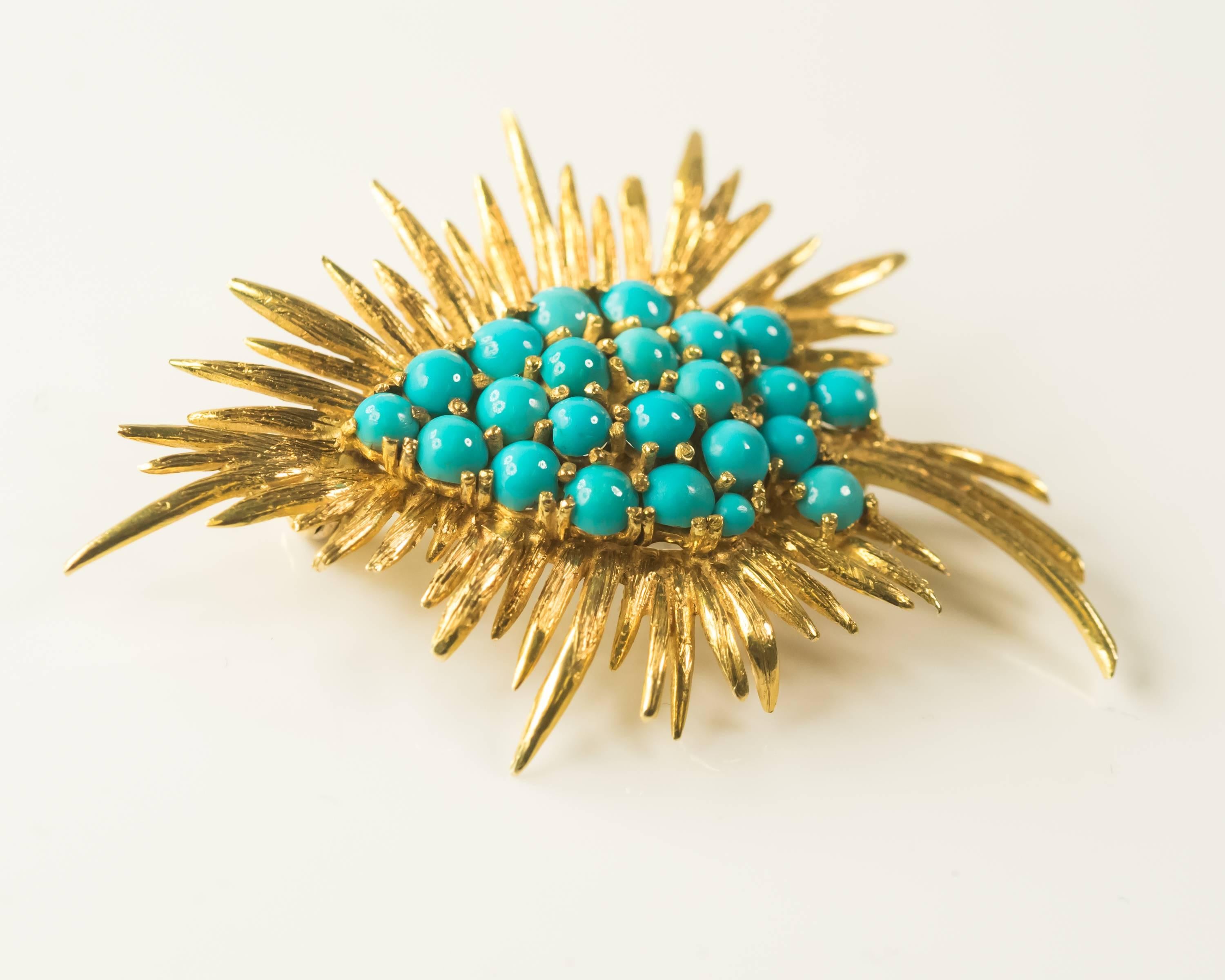 Round Cut Turquoise and 18 Karat Gold Abstract Leaf Brooch