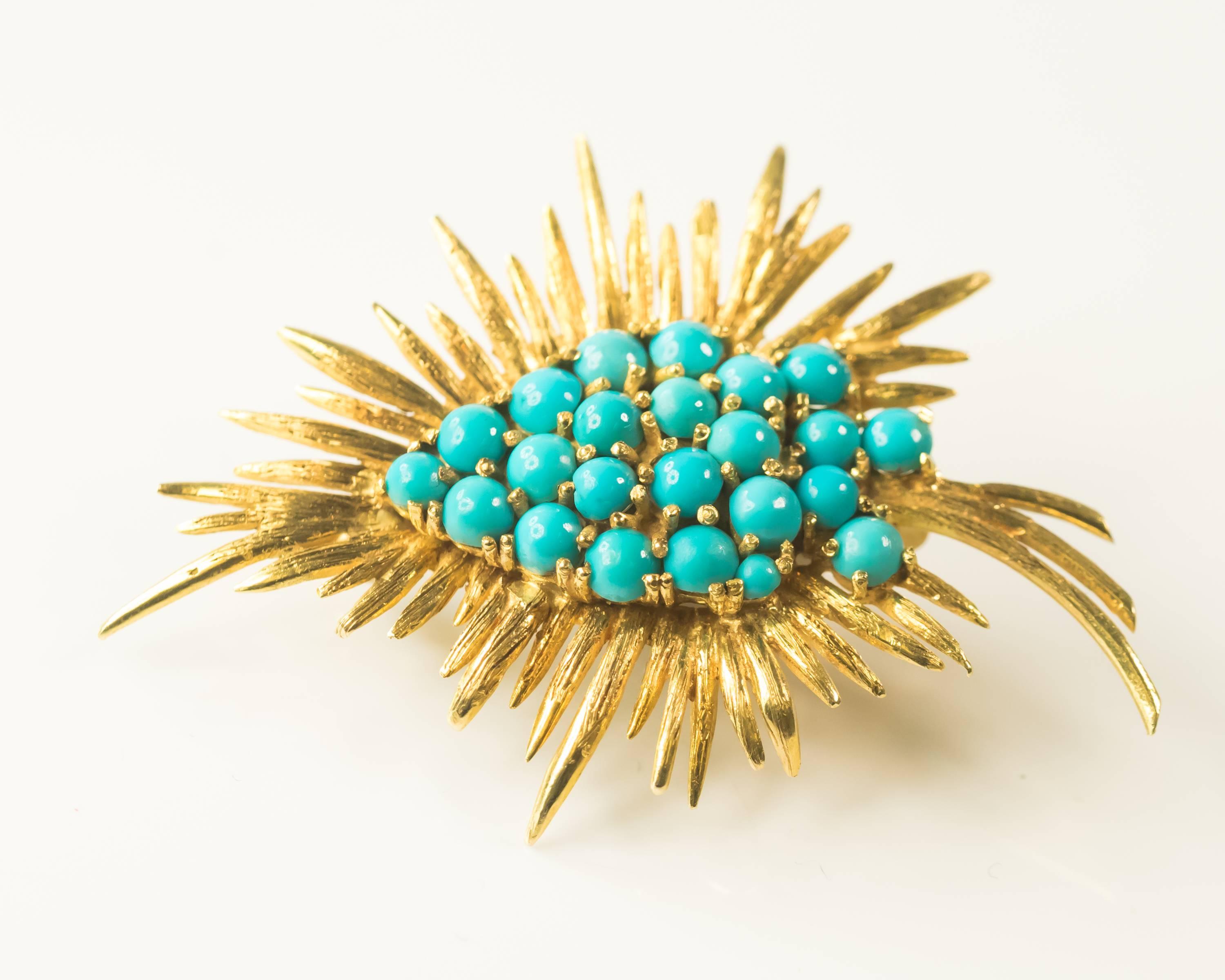 Turquoise and 18 Karat Gold Abstract Leaf Brooch In Good Condition In Atlanta, GA