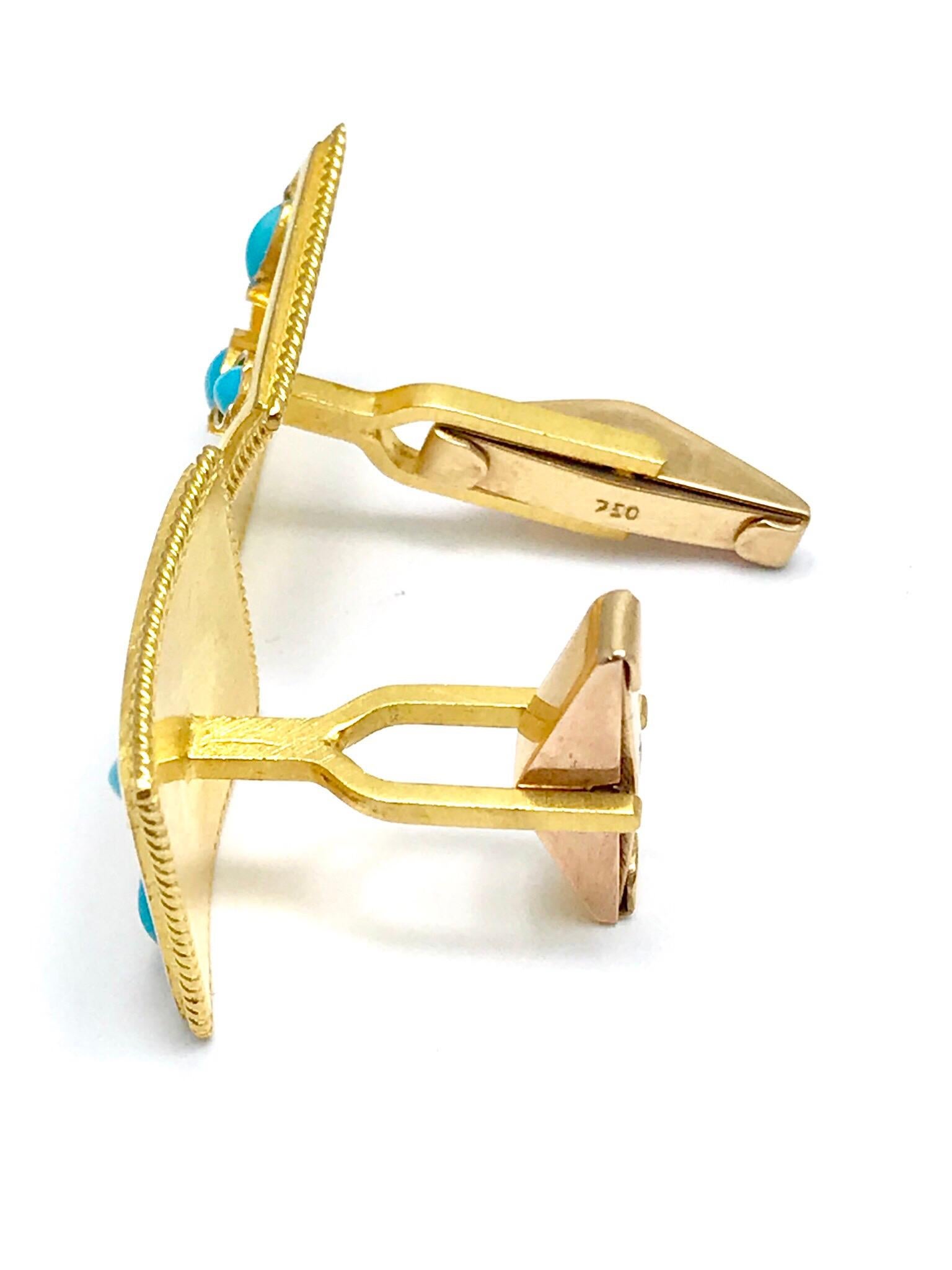 Turquoise and 18 Karat Yellow Gold Cufflinks with a Toggle Back 2