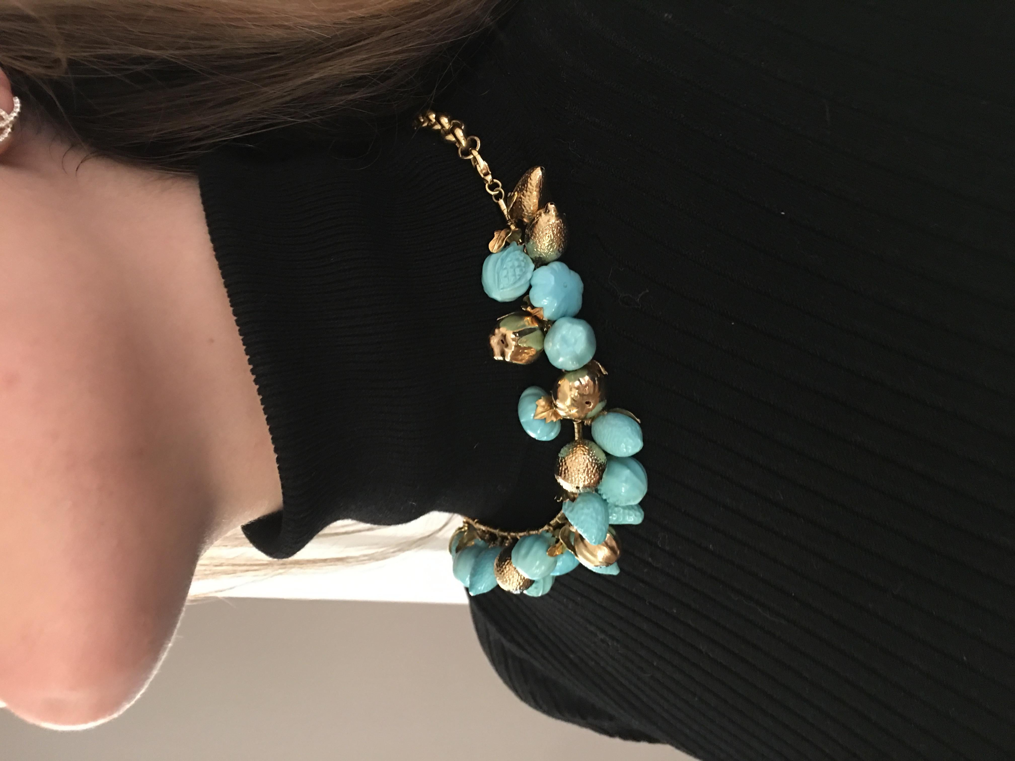 Turquoise and 18 Karat Yellow Gold Fruit Necklace For Sale 1