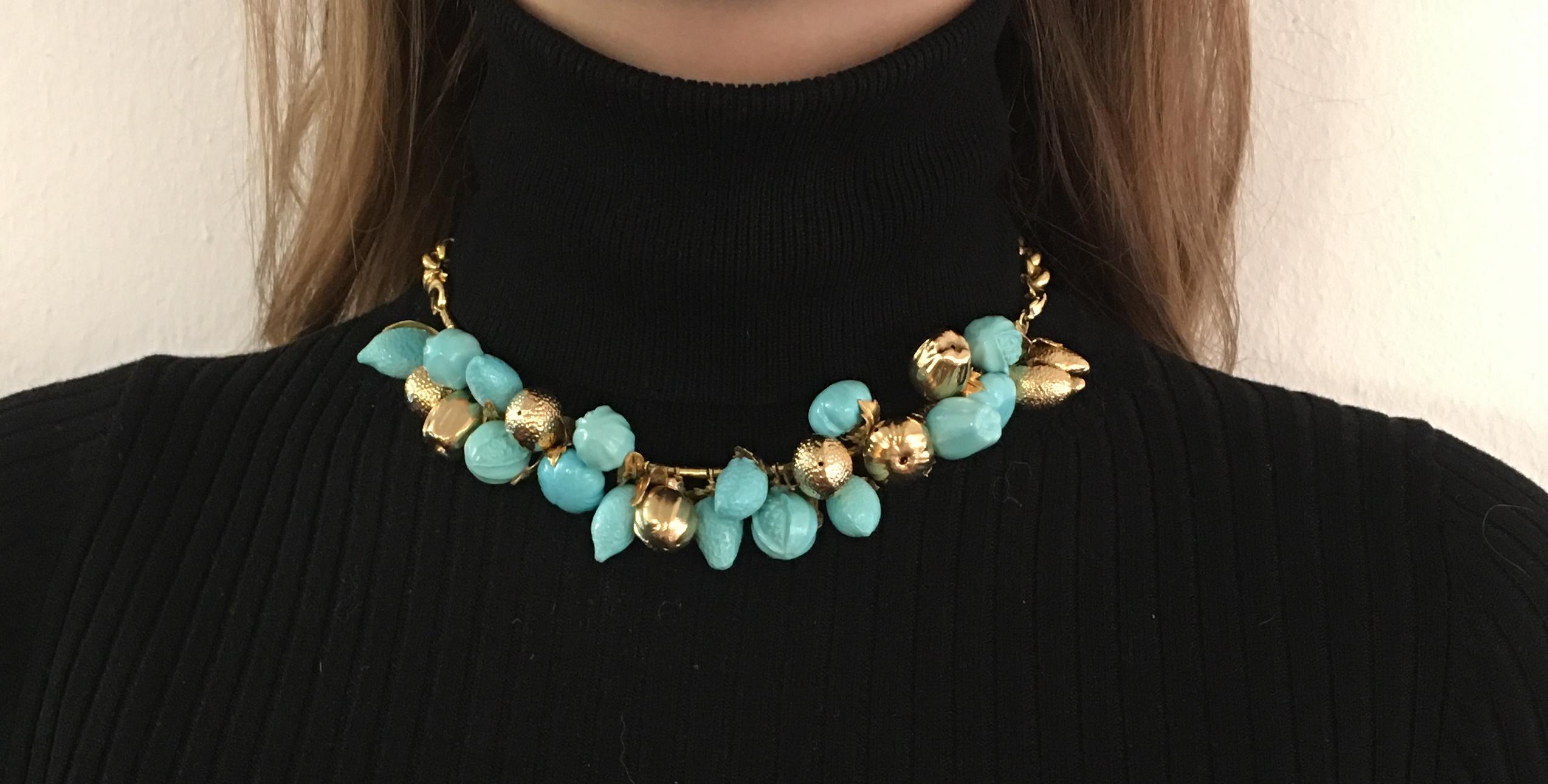 Turquoise and 18 Karat Yellow Gold Fruit Necklace For Sale 3