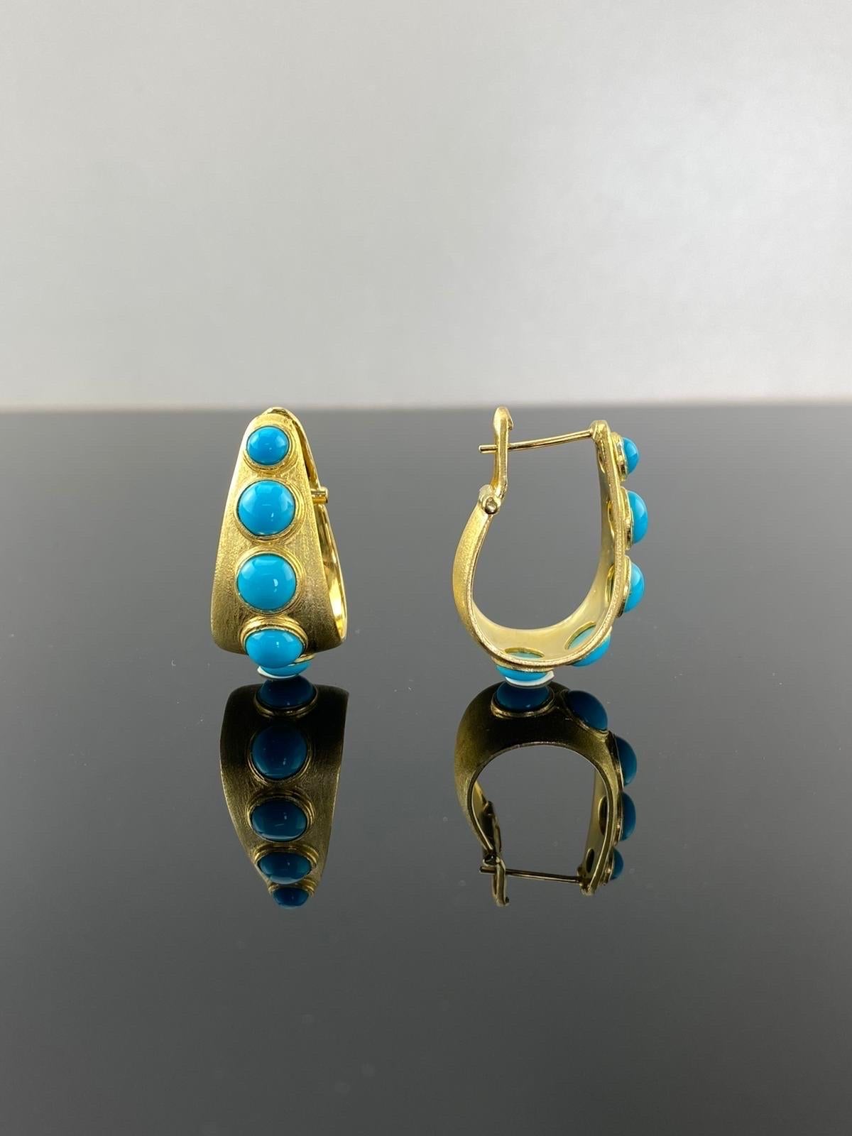 Modern Turquoise and 18K Yellow Gold Hoop Earrings For Sale