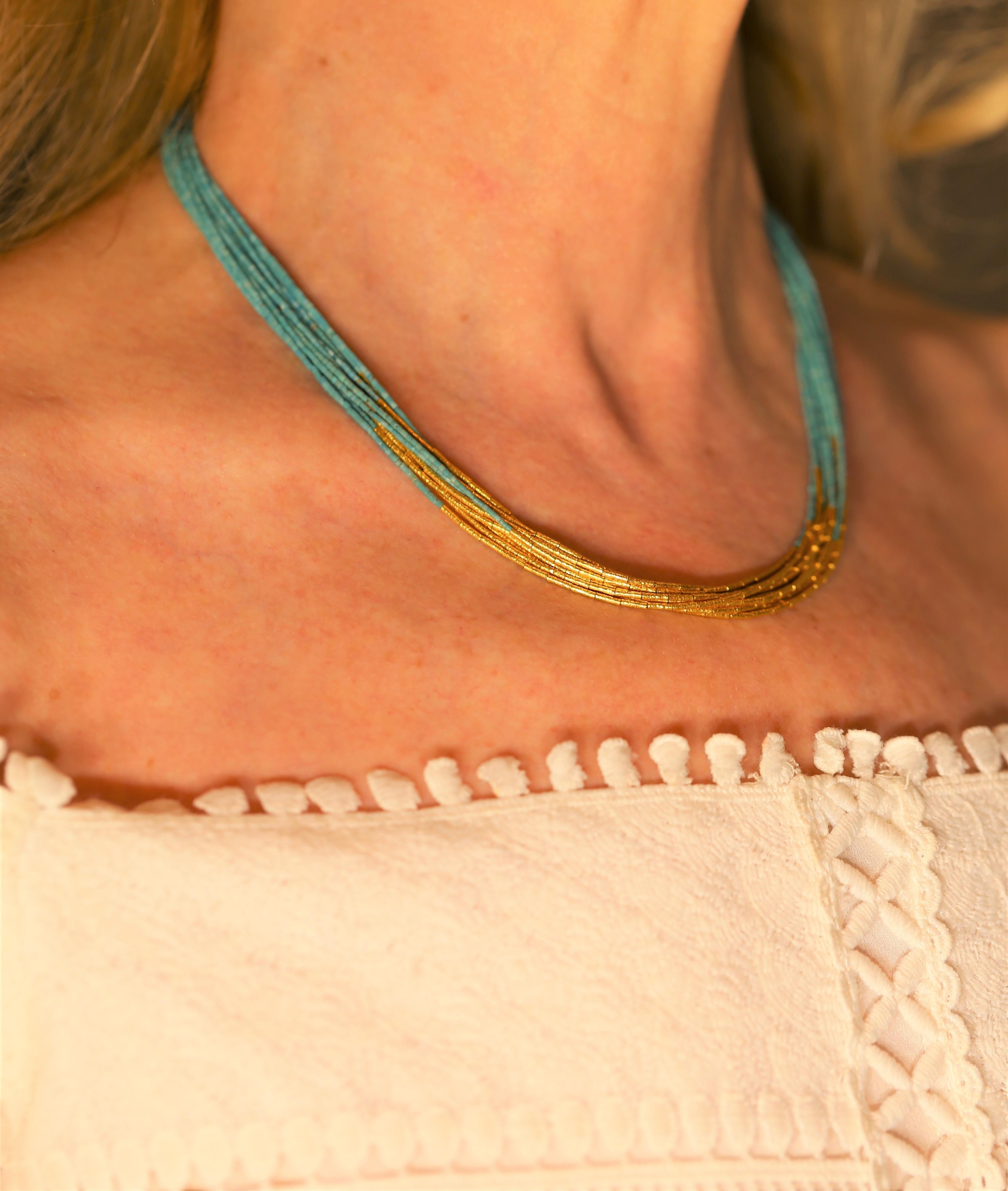 Modern Turquoise and 24 Karat Yellow Gold Necklace For Sale