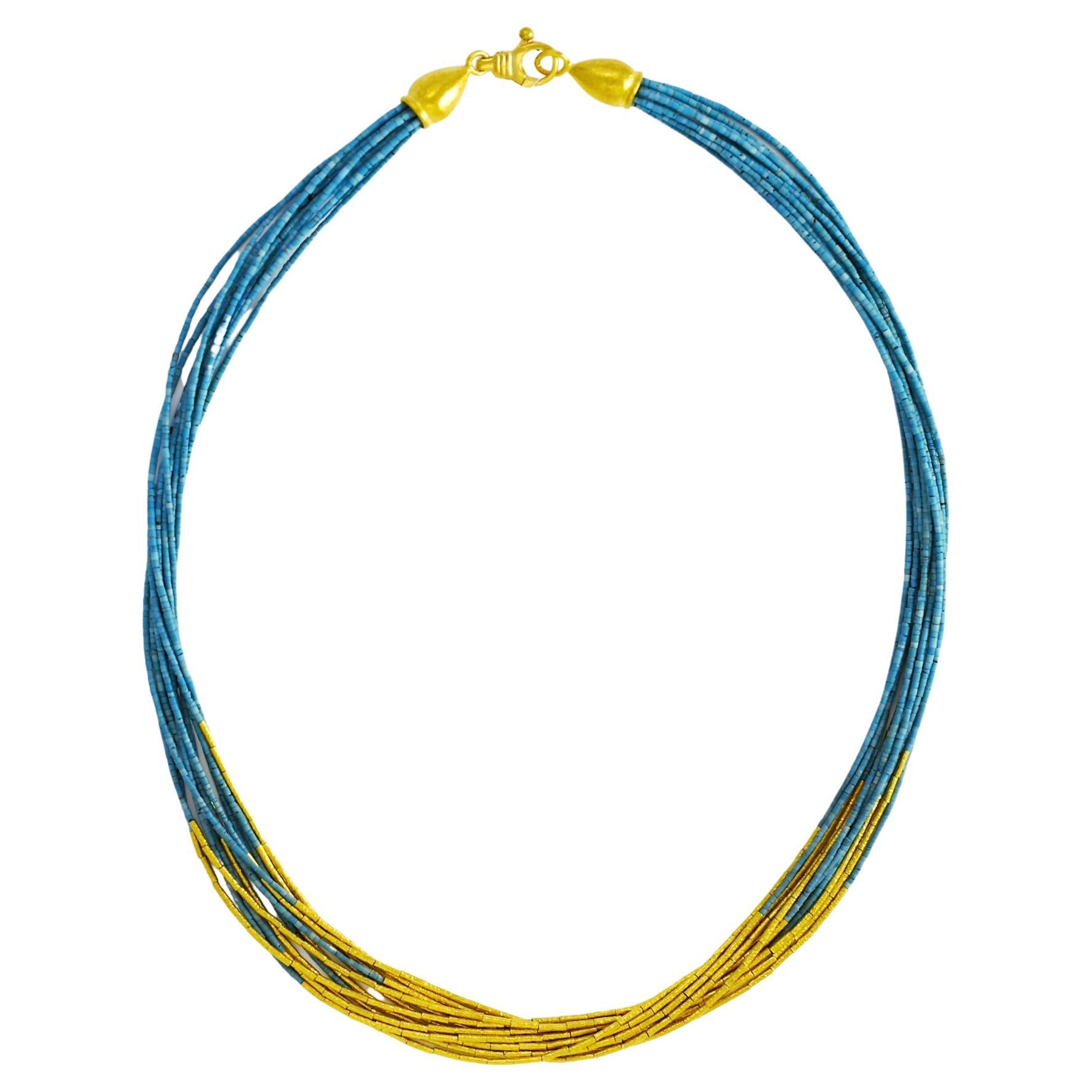 Turquoise and 24 Karat Yellow Gold Necklace For Sale