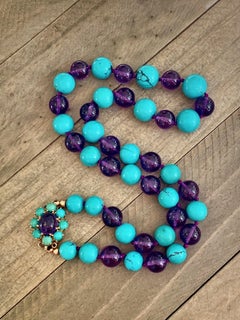 Turquoise and Amethyst Beaded Necklace with 14 Karat Yellow Gold Clasp