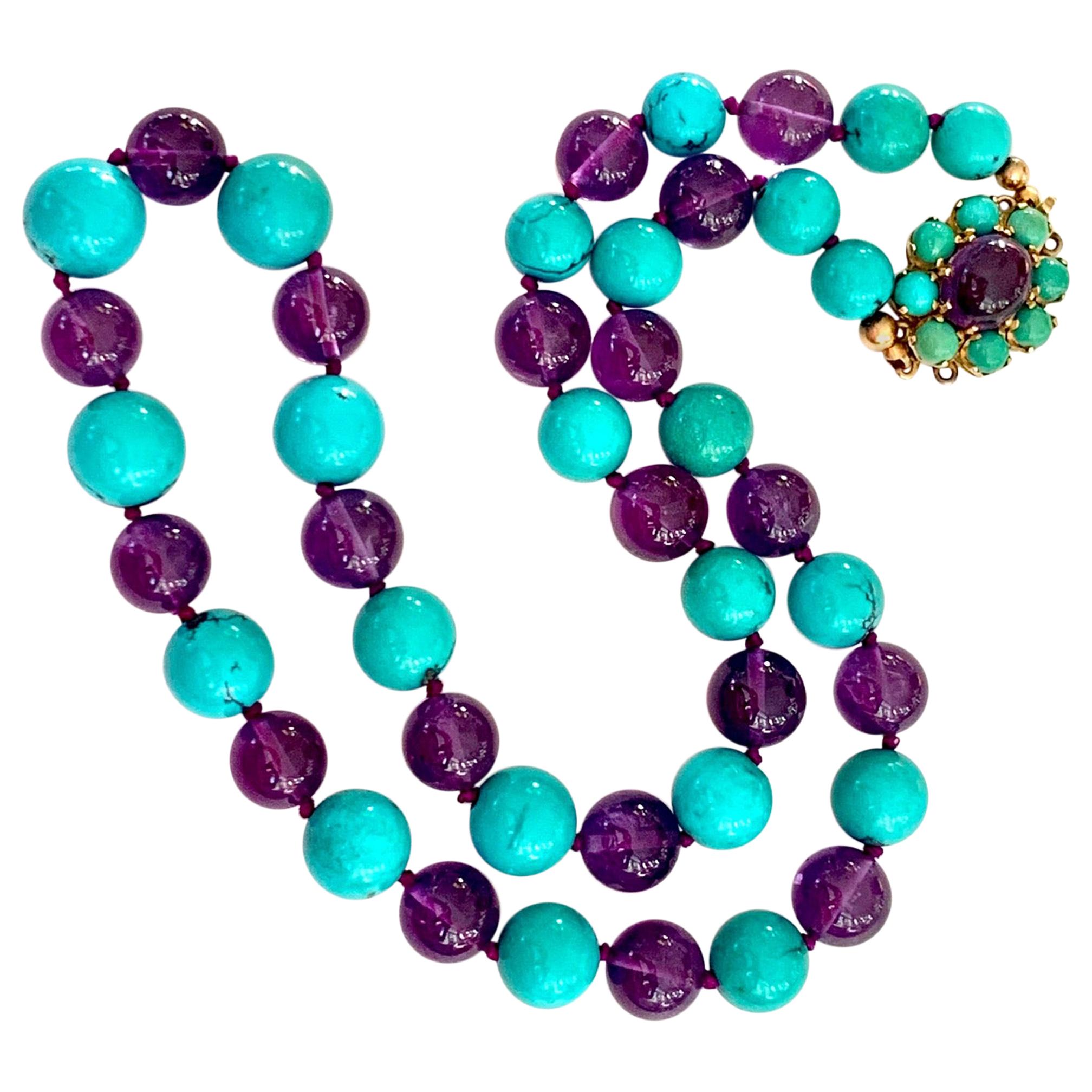 Turquoise and Amethyst Beaded Necklace with 14 Karat Yellow Gold Clasp
