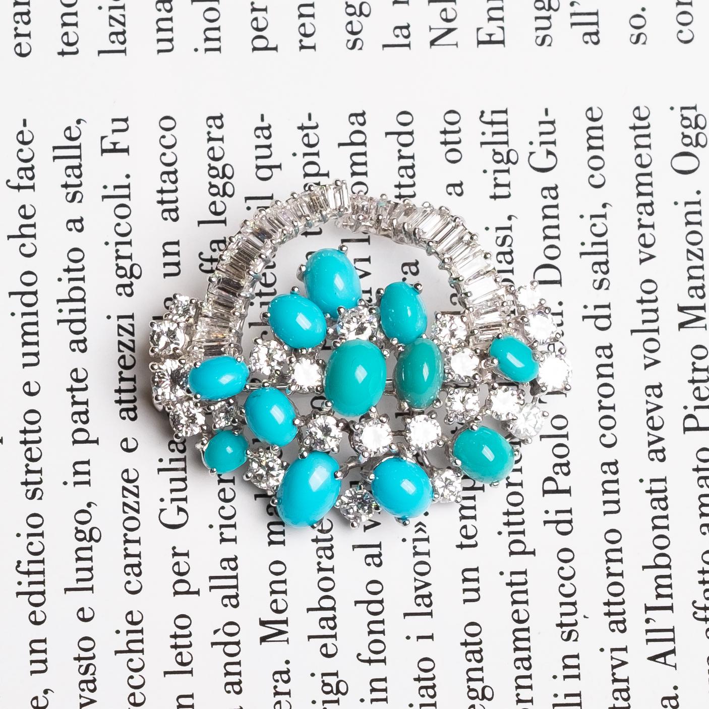 Turquoise and Baguette cut Diamonds brooch 1960 In Good Condition In Milano, MI