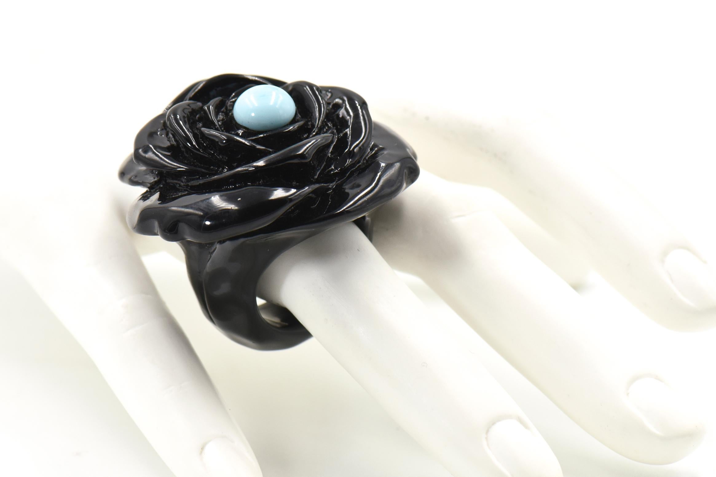 Women's or Men's Turquoise and Black Acrylic Flower Statement Ring For Sale