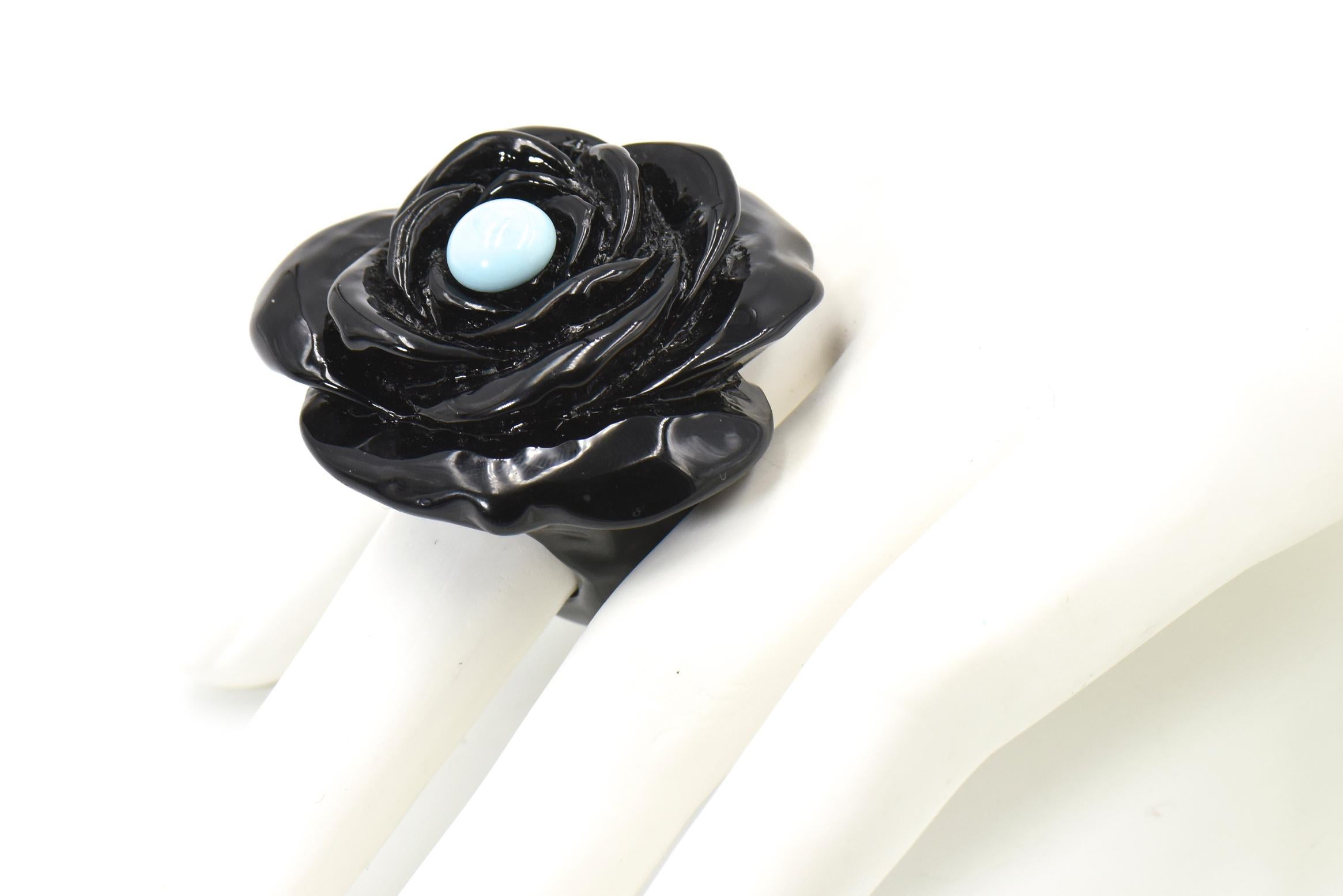 Turquoise and Black Acrylic Flower Statement Ring For Sale 1