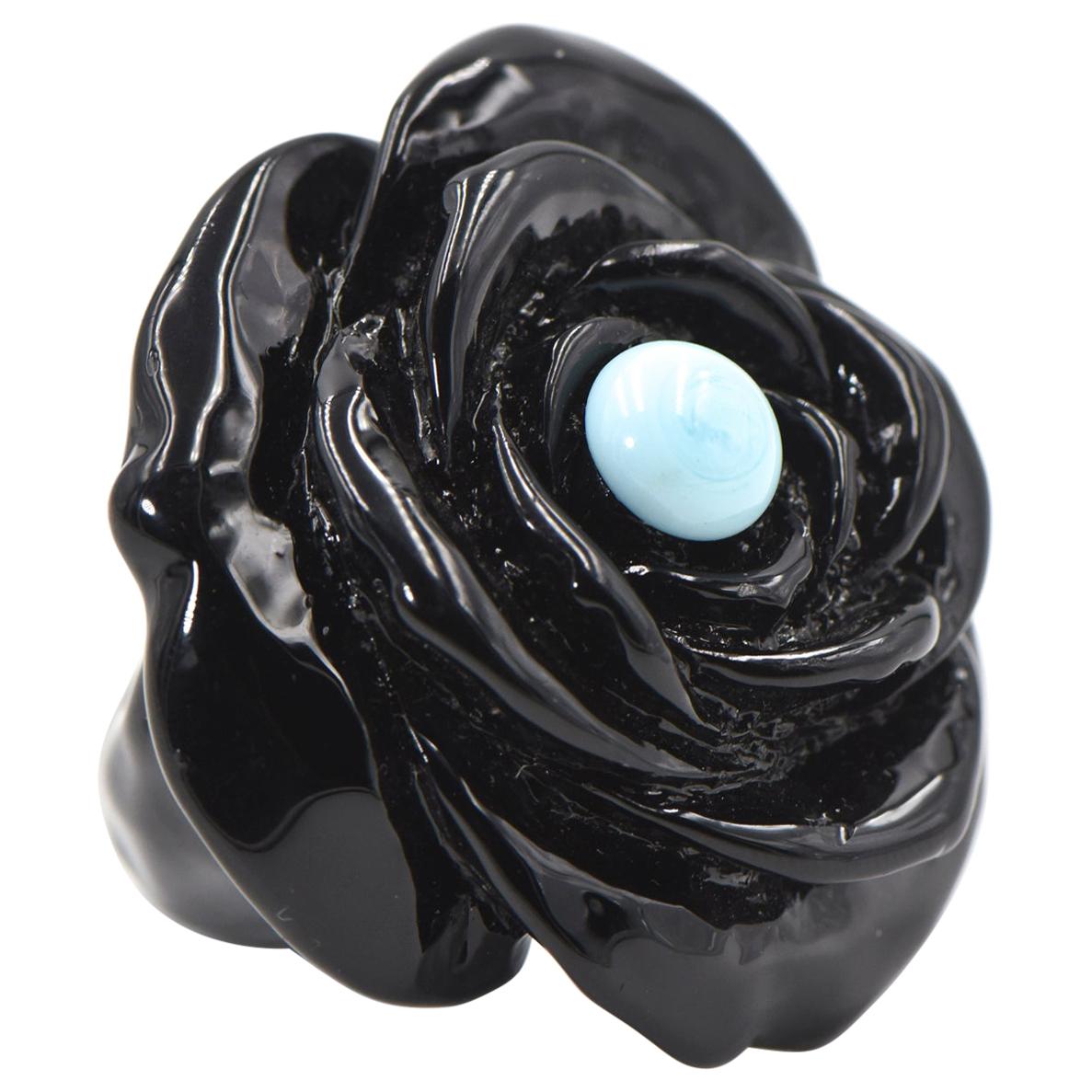 Turquoise and Black Acrylic Flower Statement Ring For Sale