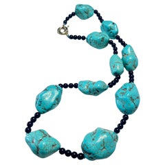 Turquoise and Black Glass Choker Necklace with Steel Clasp- 30 cm, 180g