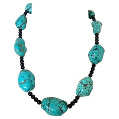 Turquoise and Black Glass Choker Necklace with Steel Clasp- 30 cm, 180g