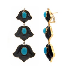 Turquoise And Black Onyx 18K Yellow Gold Earrings Women Jewelry