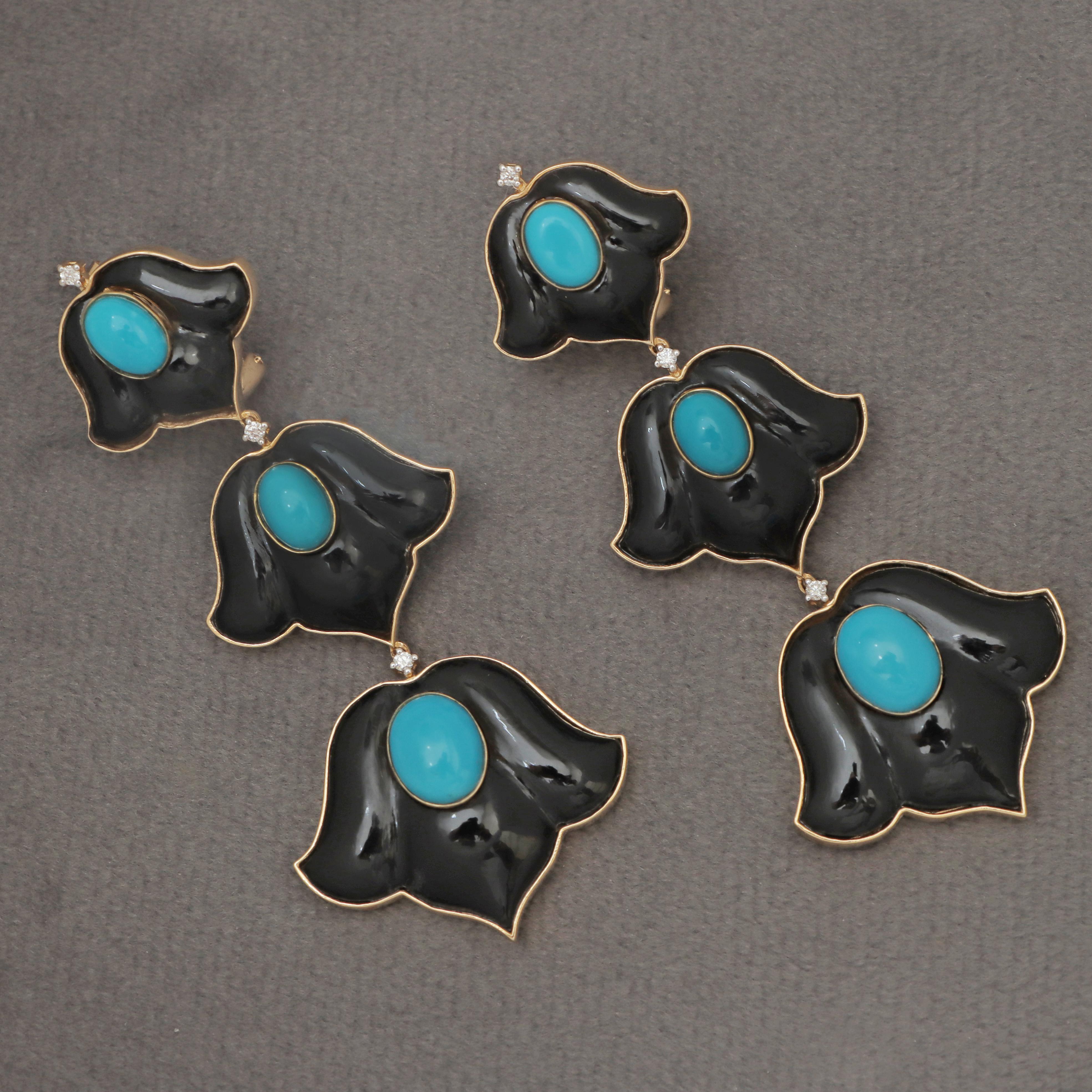 Art Nouveau Turquoise And Black Onyx 18K Yellow Gold Earrings Women Jewelry For Sale