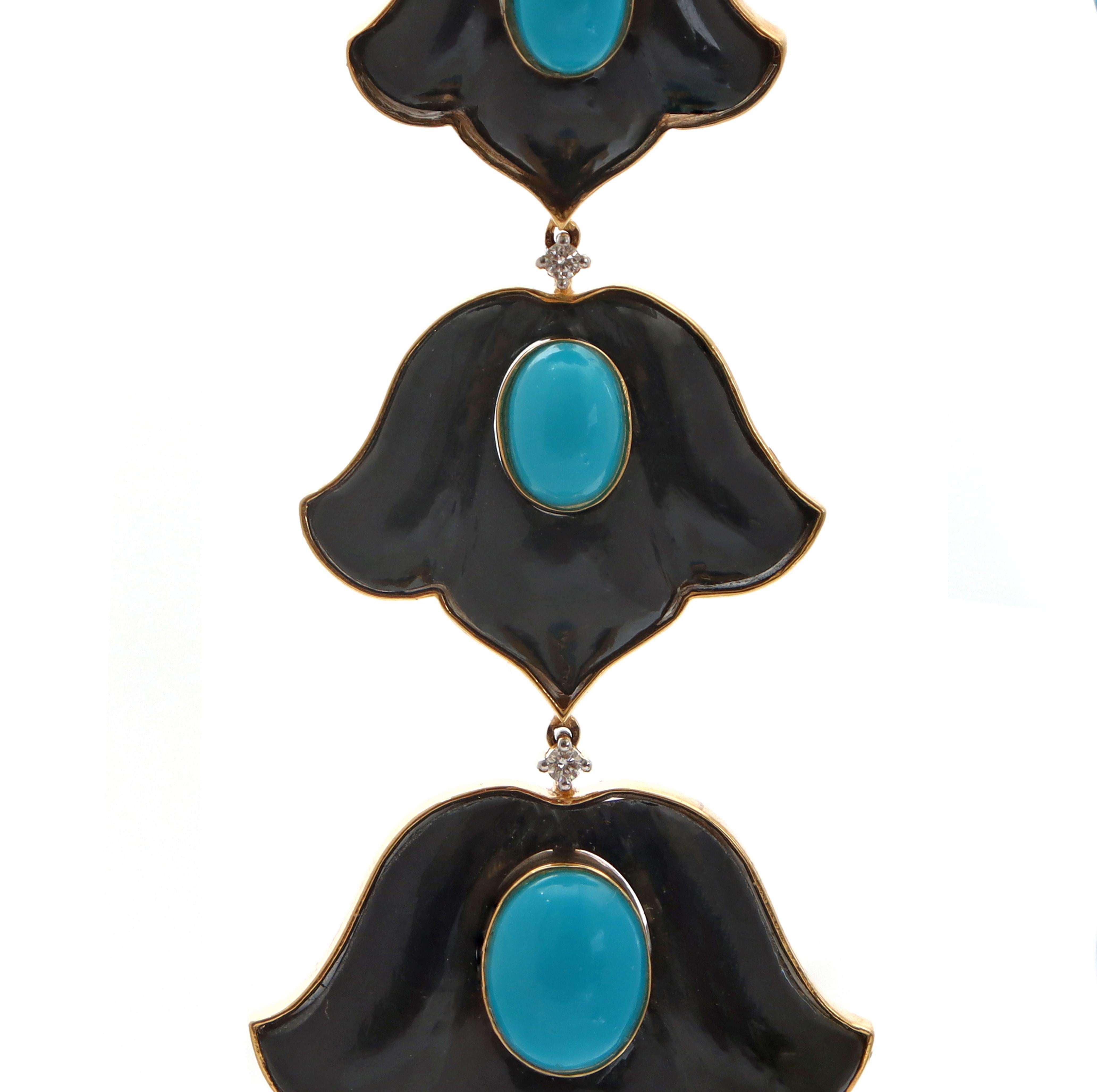 Cabochon Turquoise And Black Onyx 18K Yellow Gold Earrings Women Jewelry For Sale