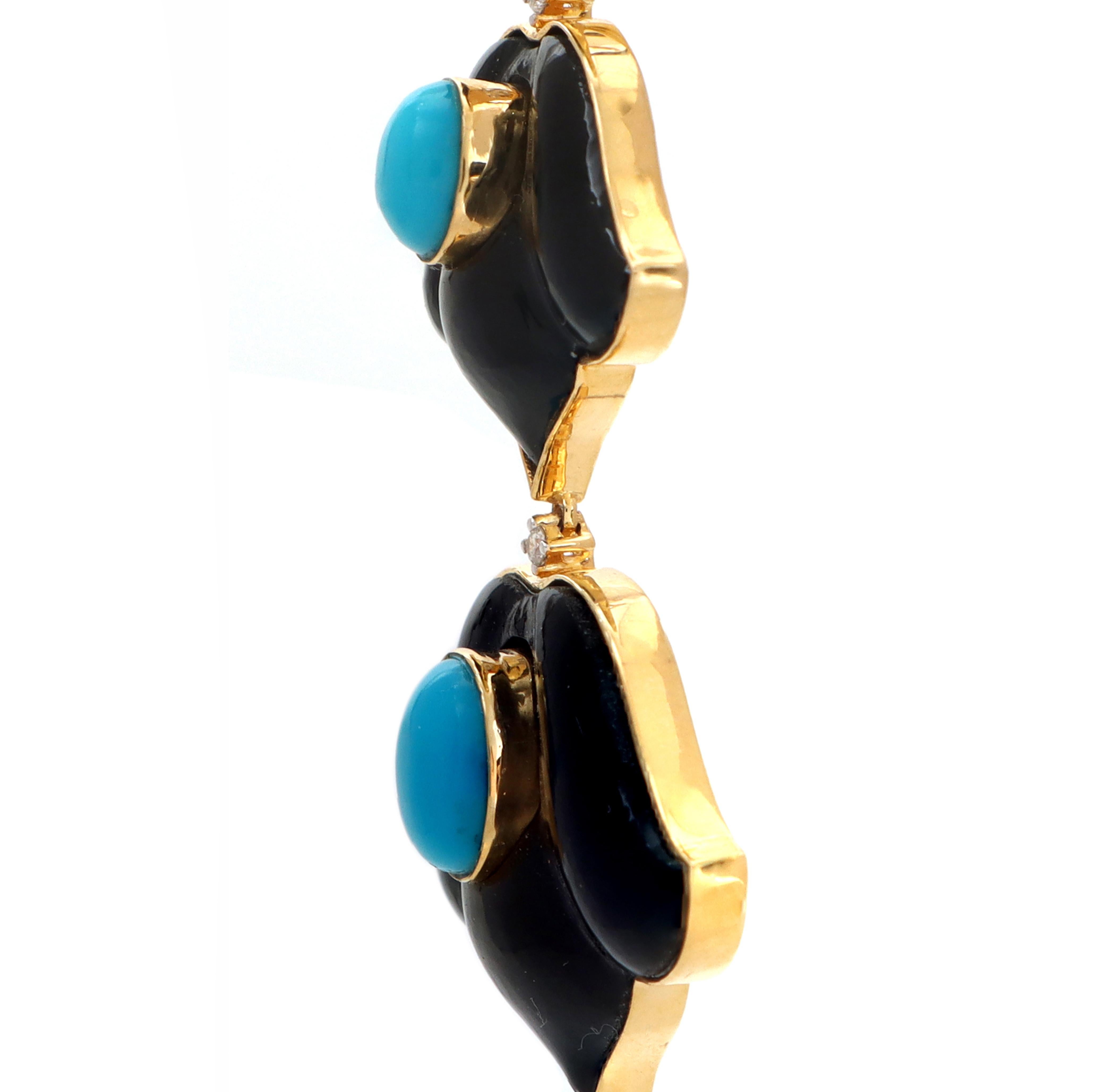 Turquoise And Black Onyx 18K Yellow Gold Earrings Women Jewelry In New Condition For Sale In Jaipur, IN