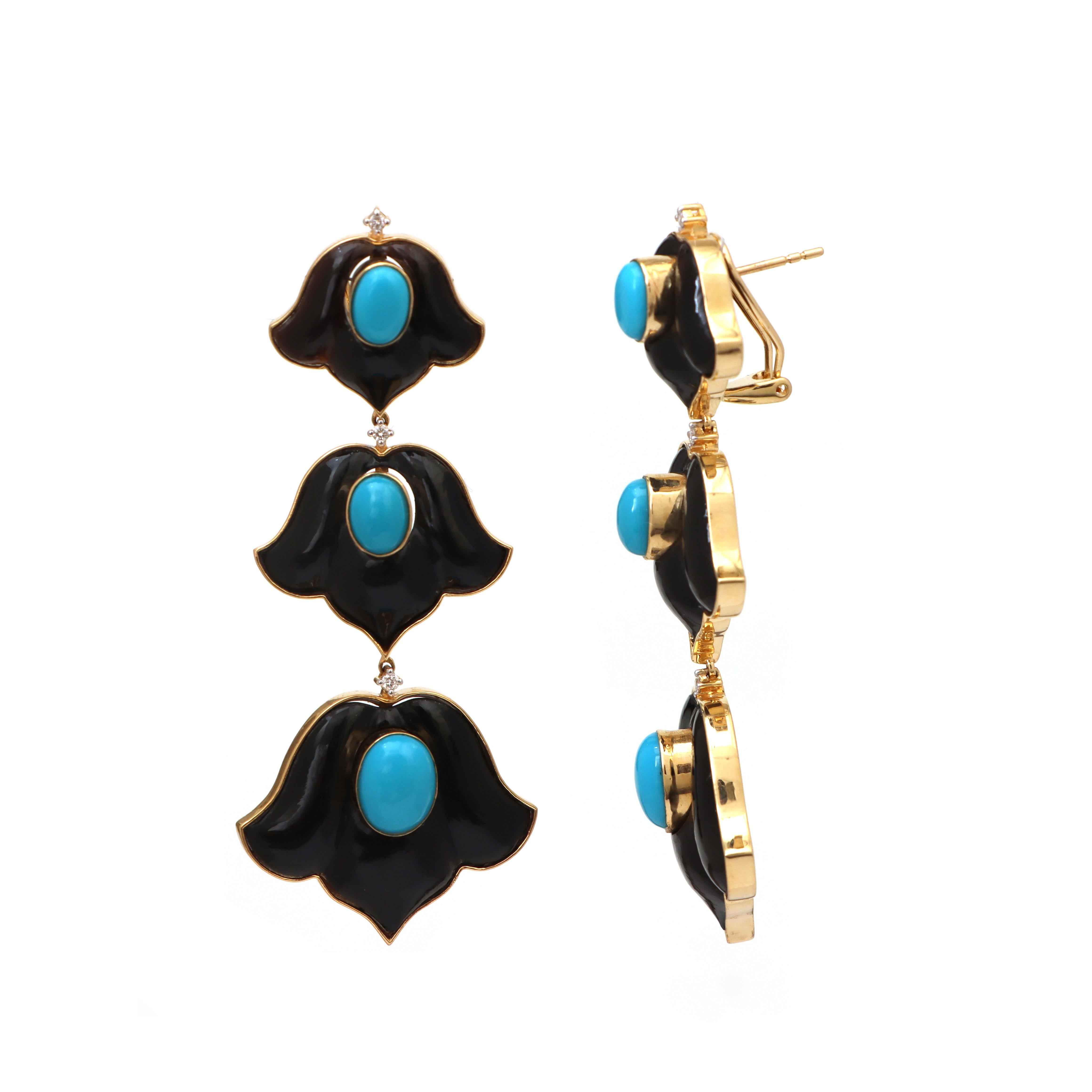 Women's Turquoise And Black Onyx 18K Yellow Gold Earrings Women Jewelry For Sale