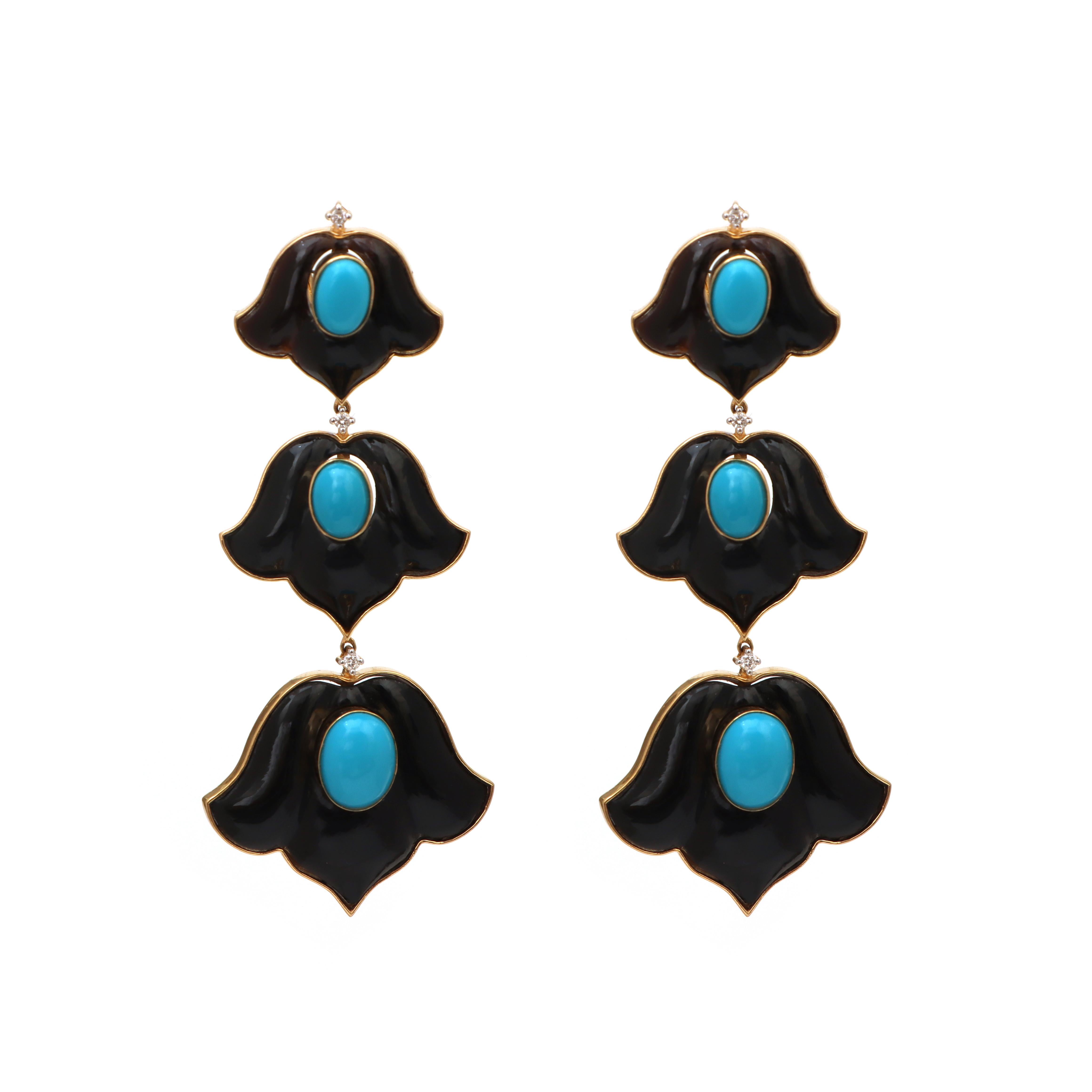 Turquoise And Black Onyx 18K Yellow Gold Earrings Women Jewelry For Sale 1